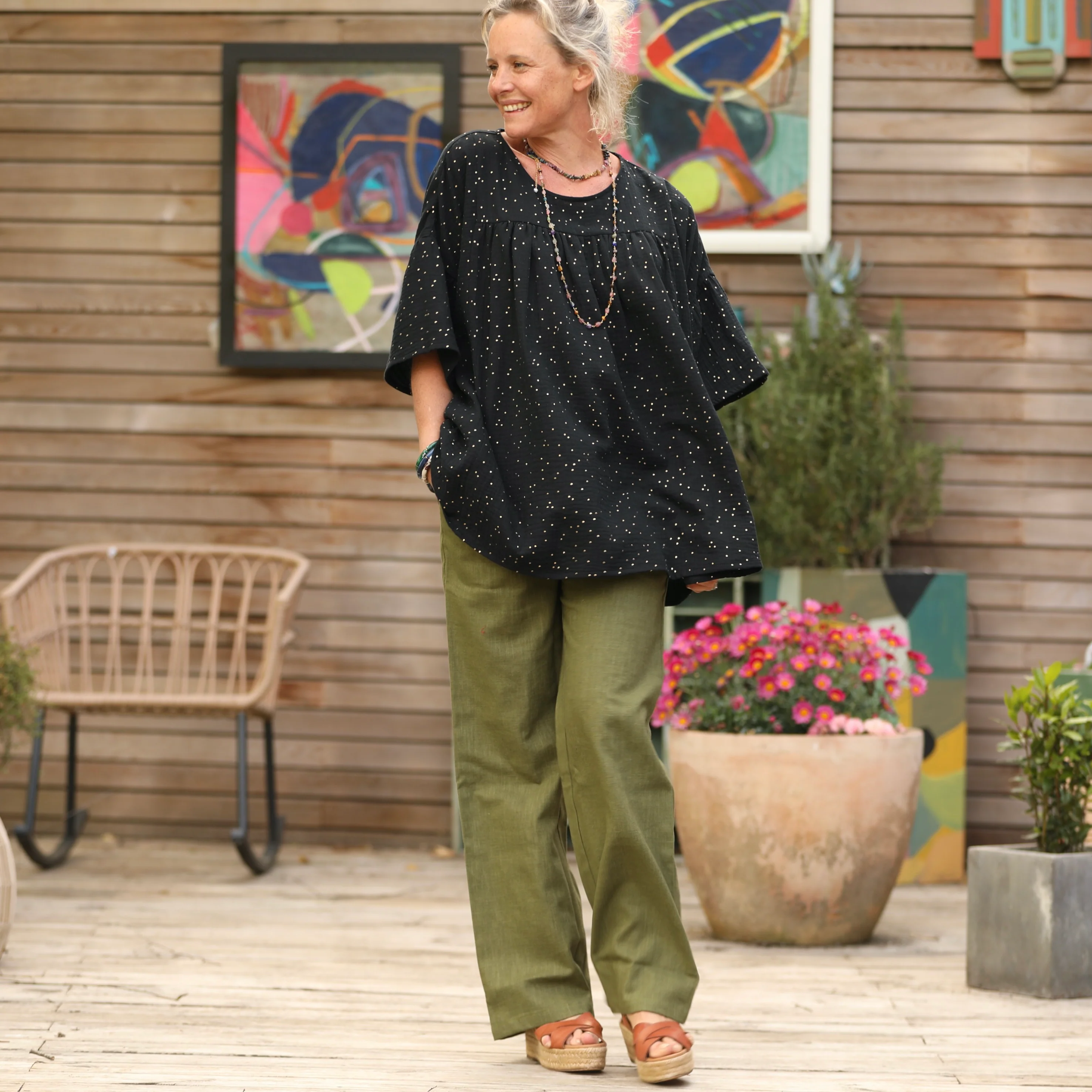 Blouse Léopoldine - double gaze de coton noire plumetis or - Image 5