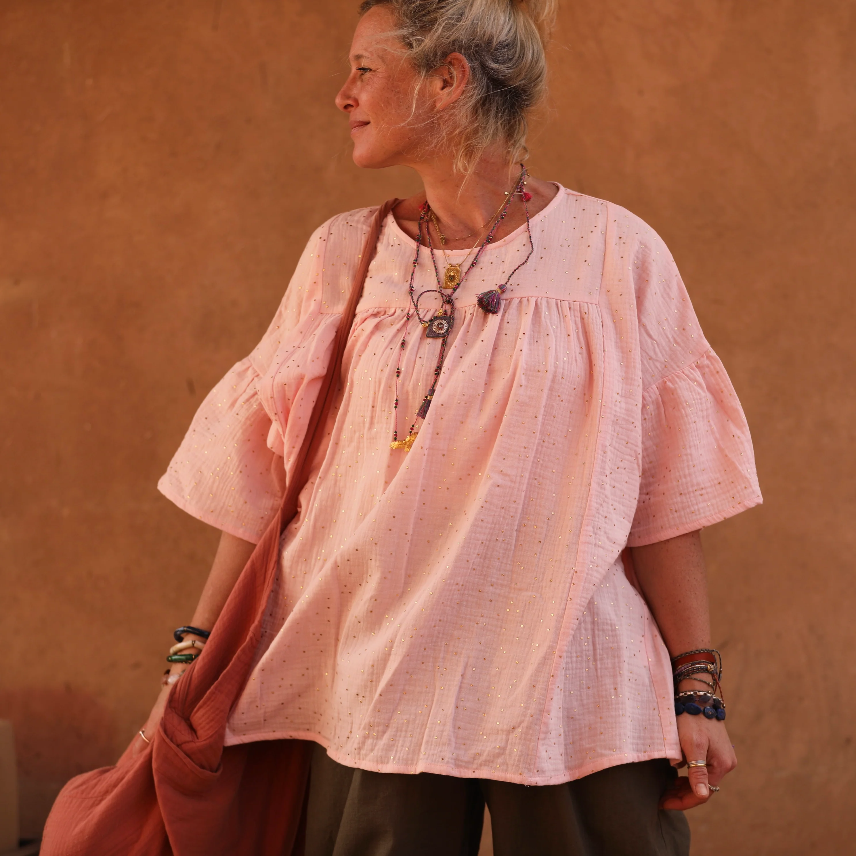 Blouse Léopoldine - double gaze de coton rose plumetis or - Image 9