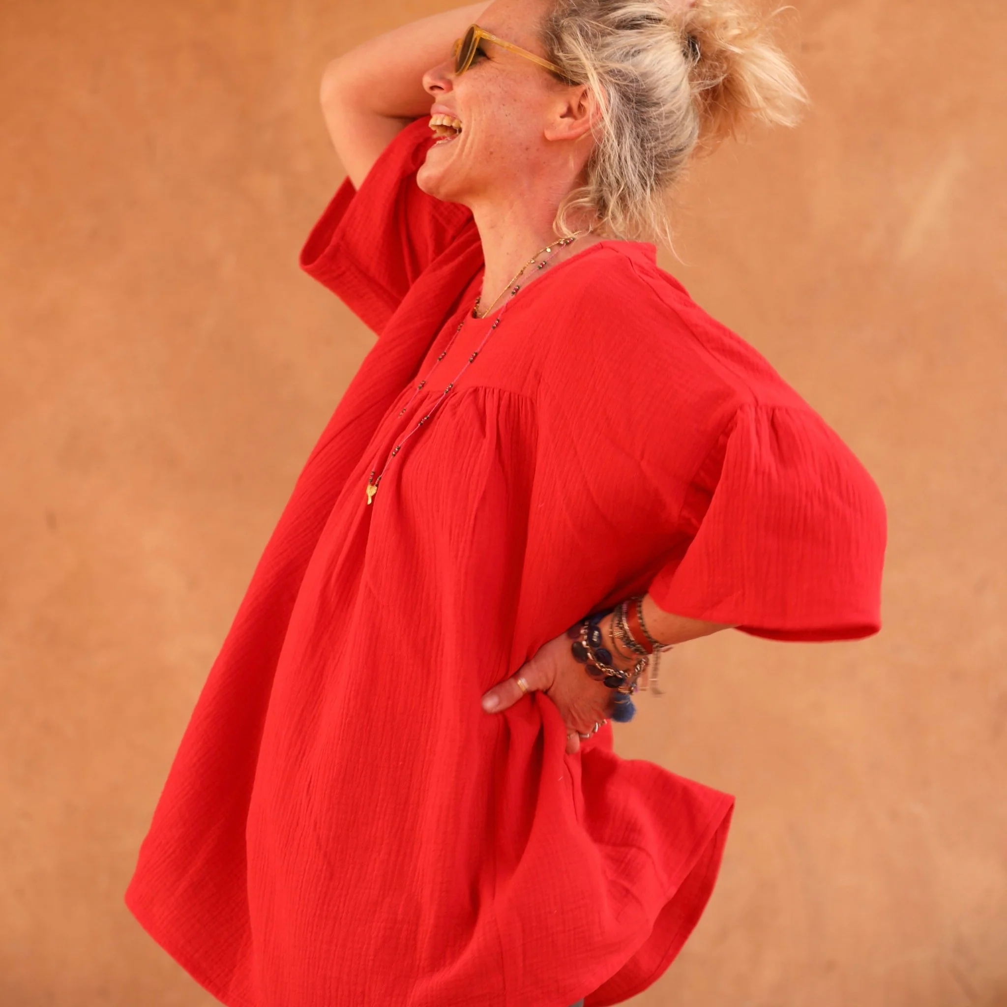 Blouse Léopoldine - double gaze de coton rouge coquelicot - Image 4
