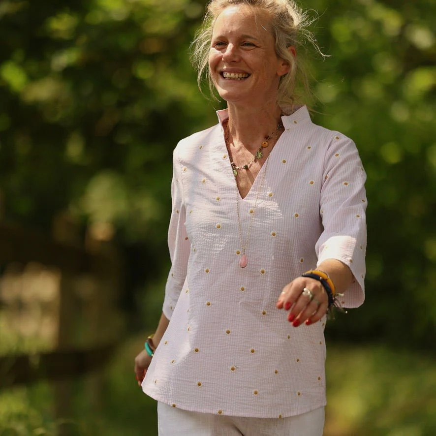 Blouse Madeleine – Seersucker rayé rose & pâquerettes - Image 5