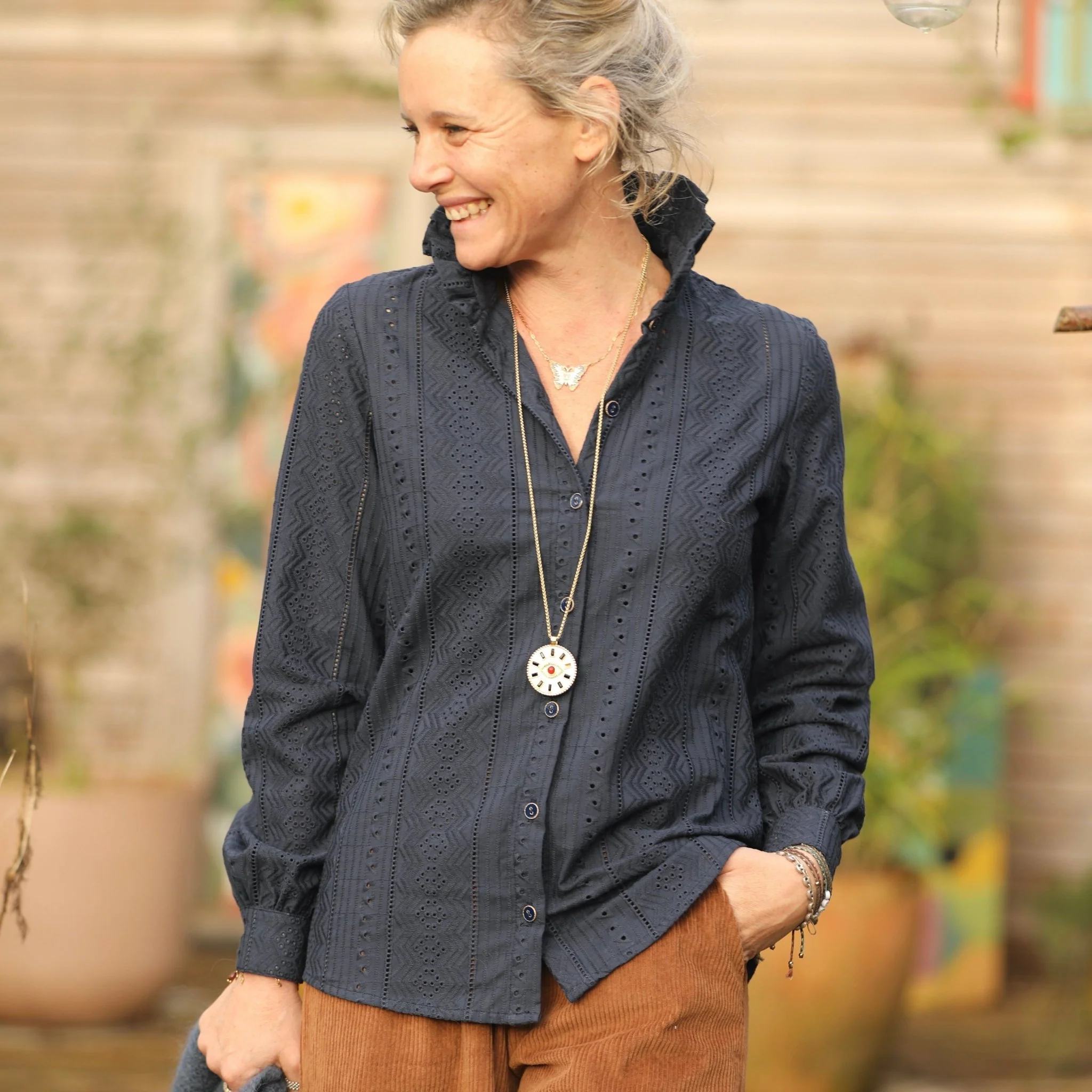 Blouse Marthe -  broderie géométrique marine