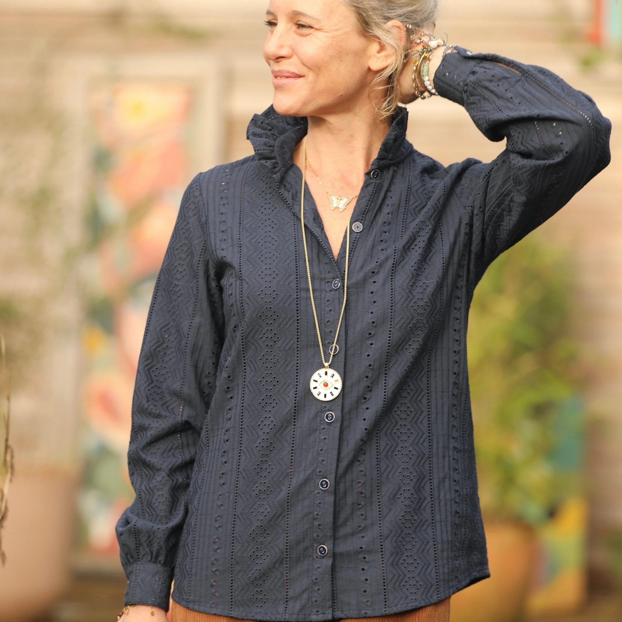 Blouse Marthe -  broderie géométrique marine - Image 6