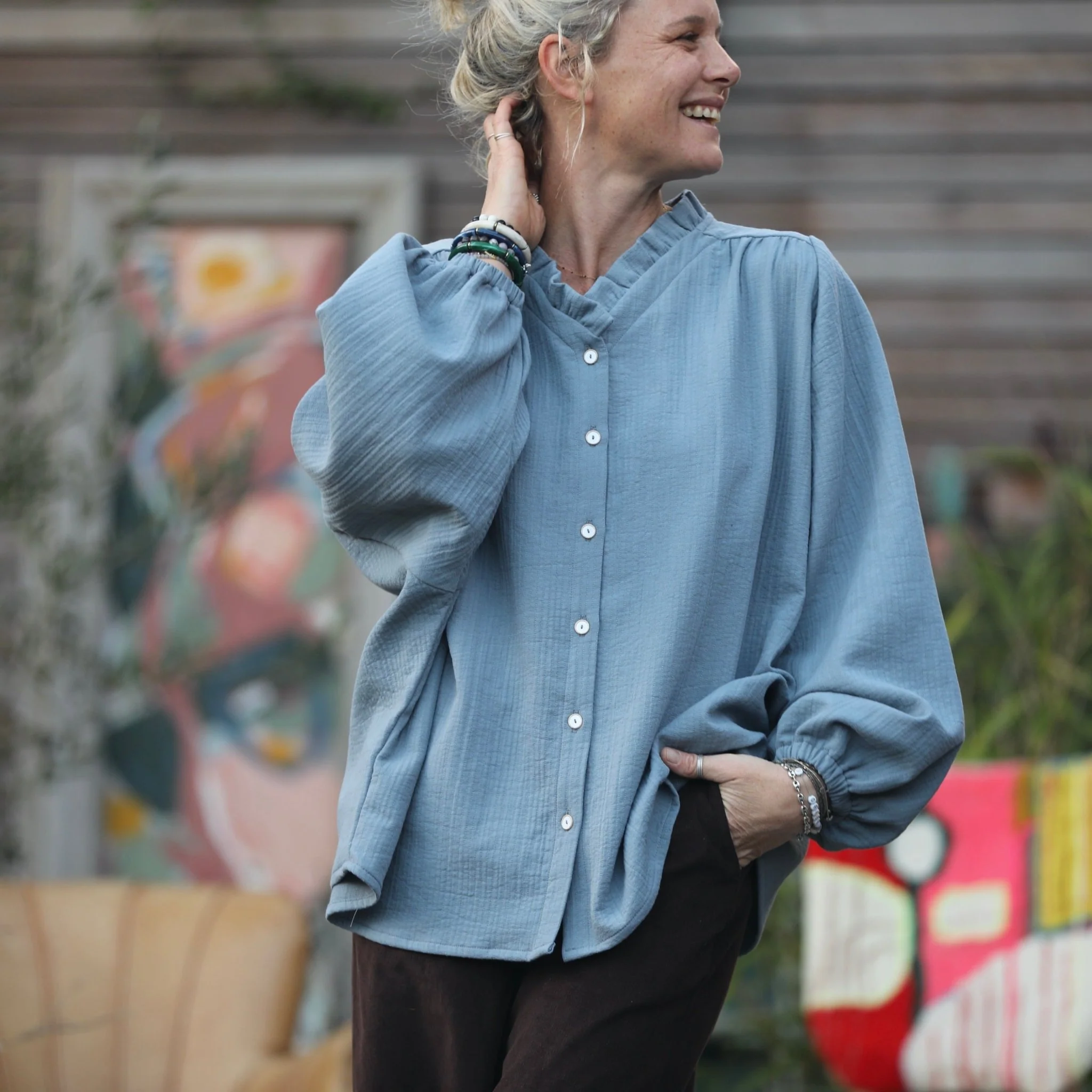 Blouse Miléna - piqué de coton bleu doux