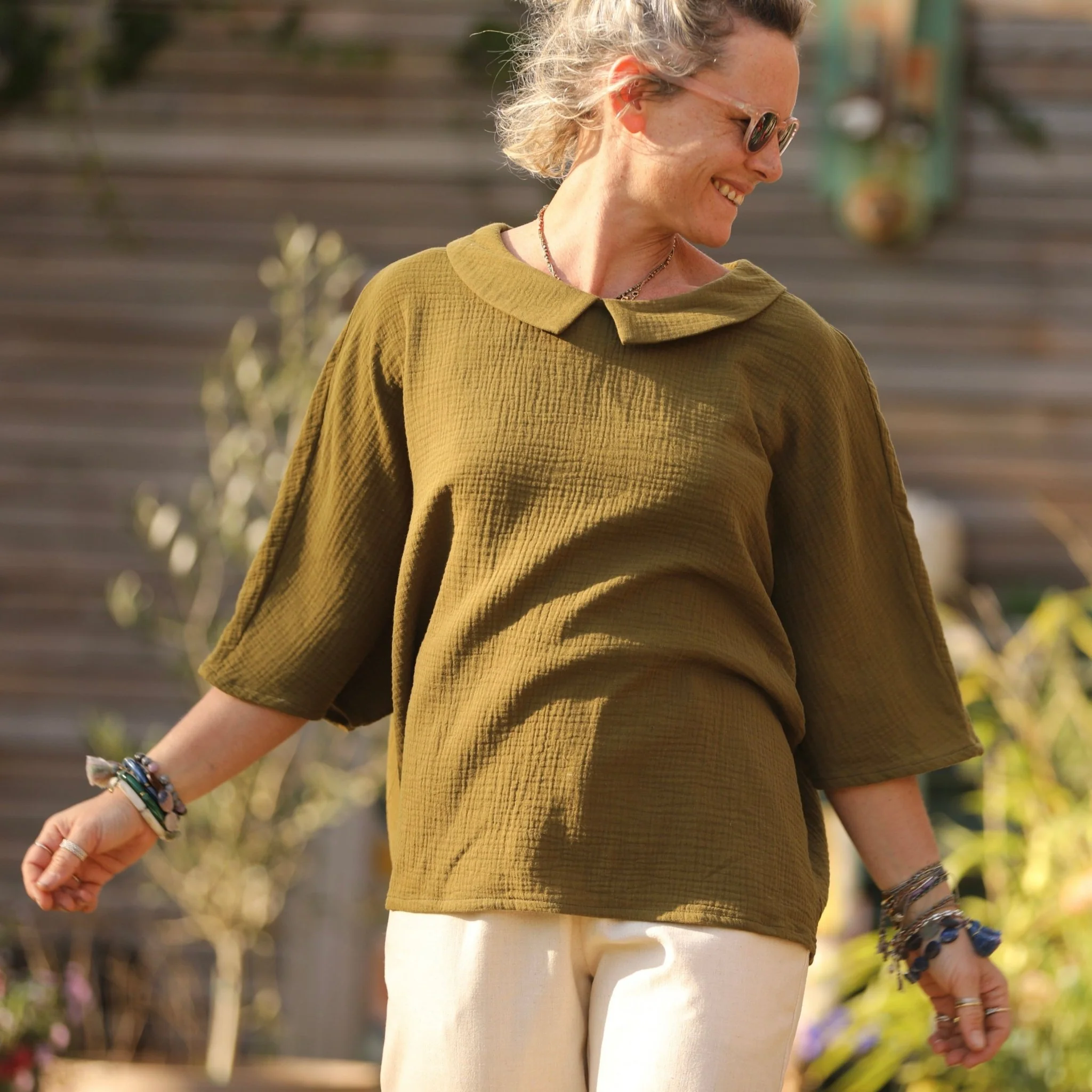 Blouse Myriem - double gaze de coton kaki - Image 4