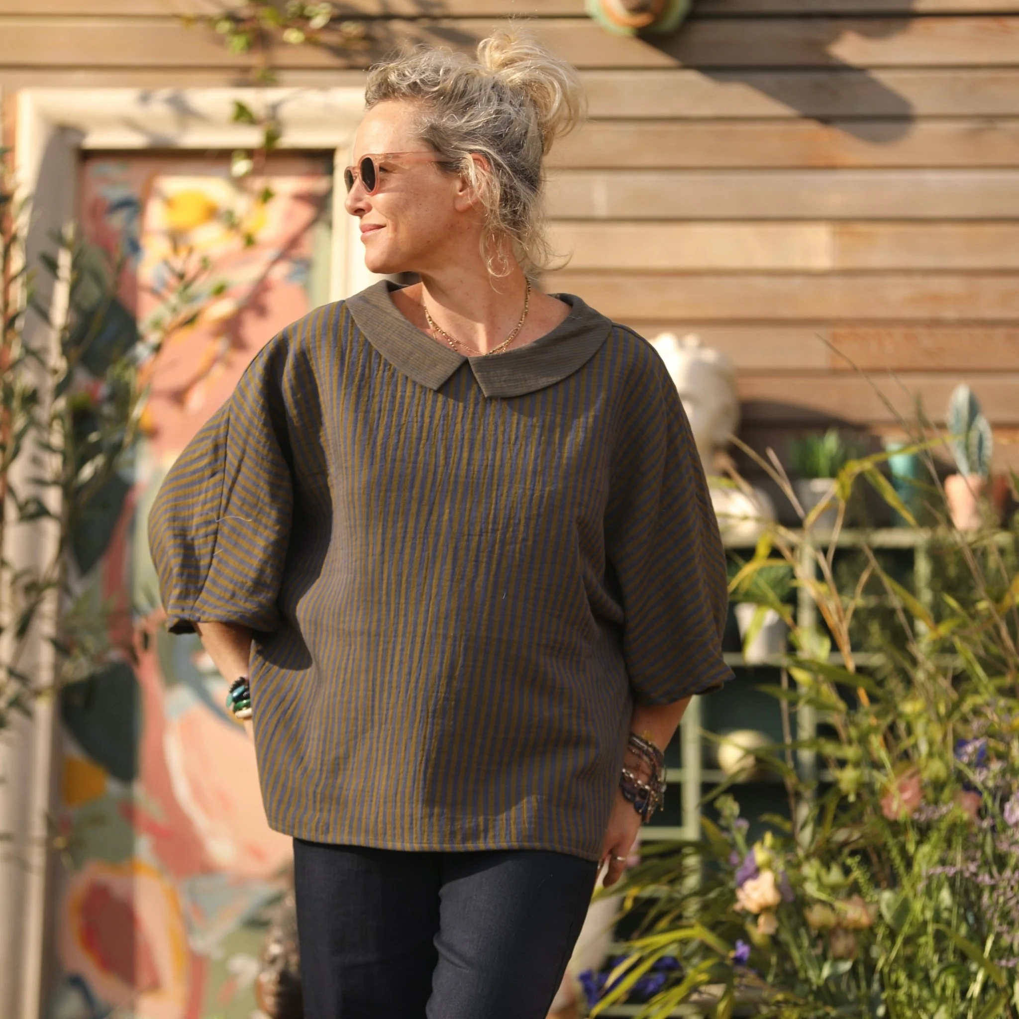 Blouse Myriem - double gaze de coton rayée kaki/marine