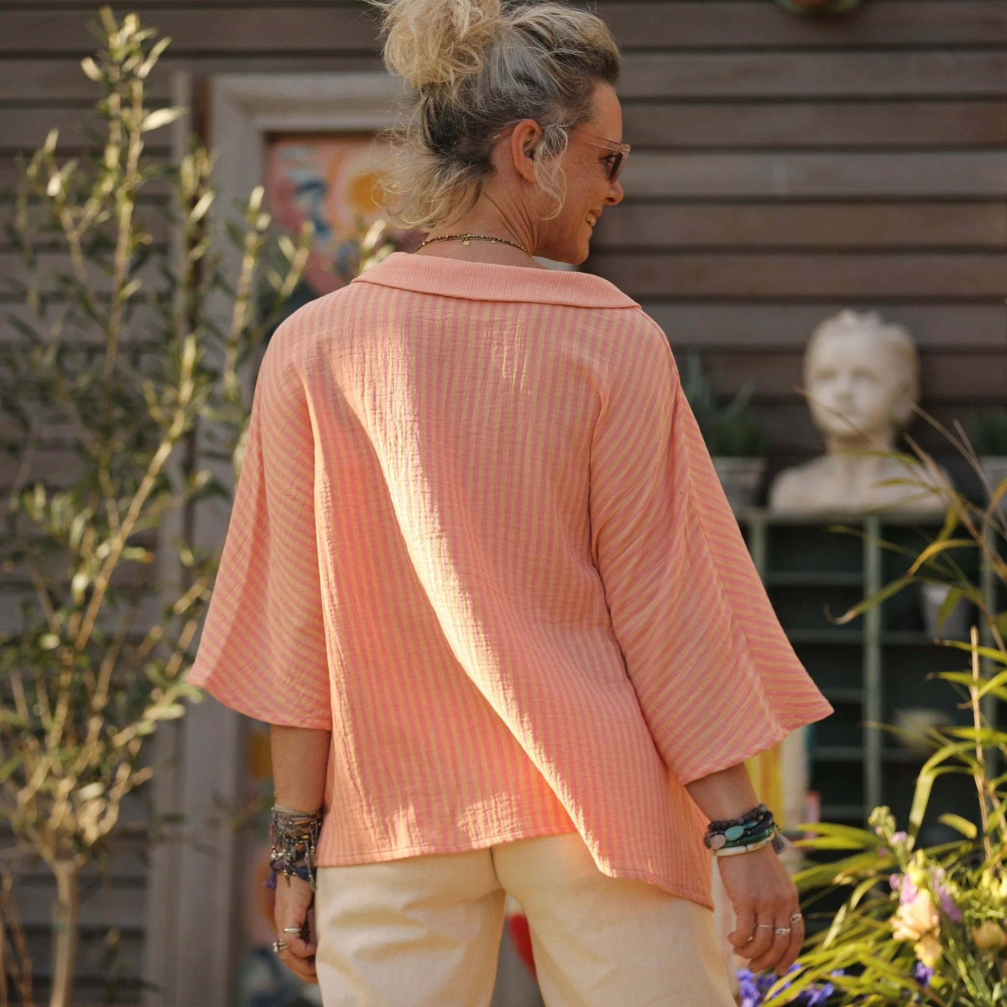 Blouse Myriem - double gaze de coton rayée rose/orange - Image 3
