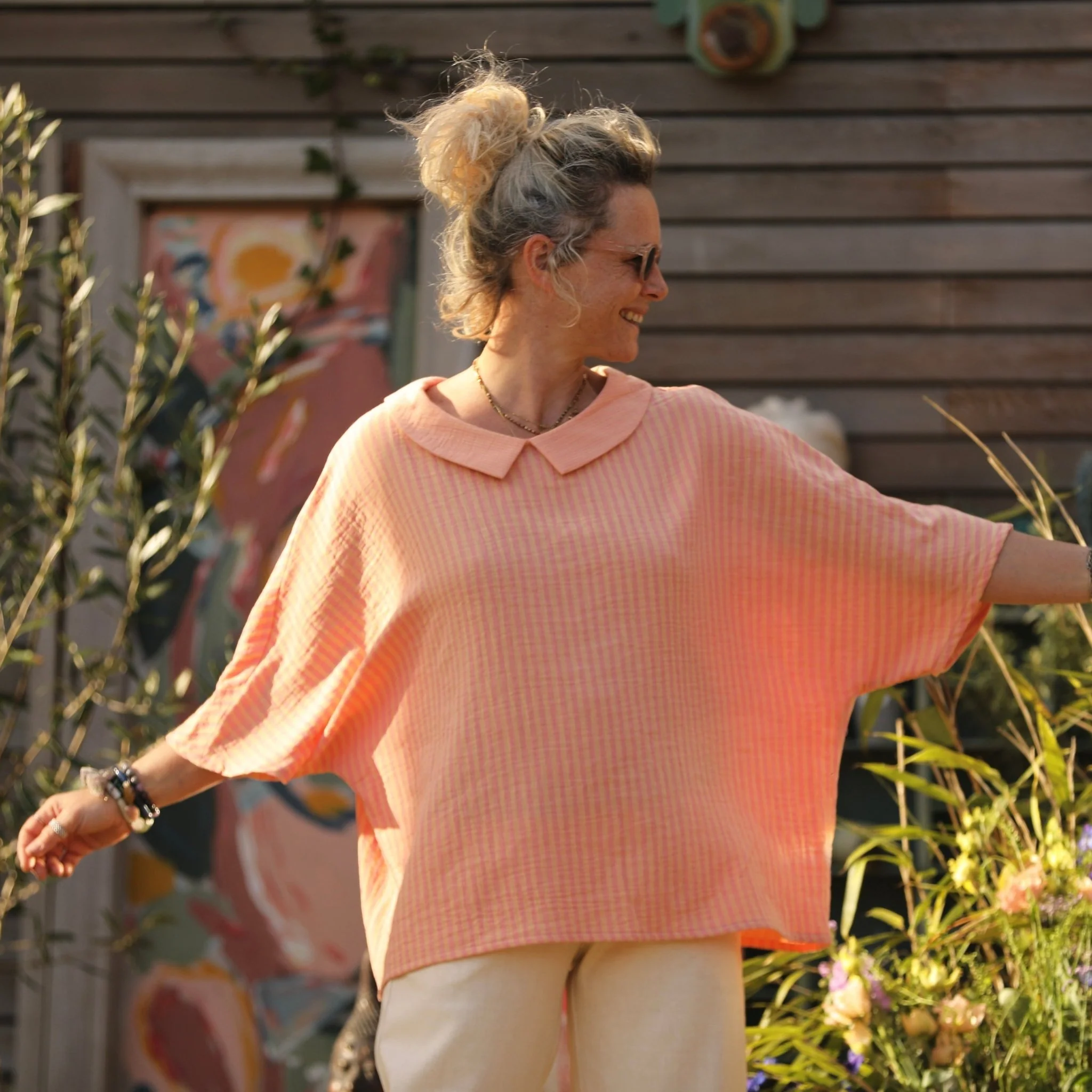 Blouse Myriem - double gaze de coton rayée rose/orange - Image 4