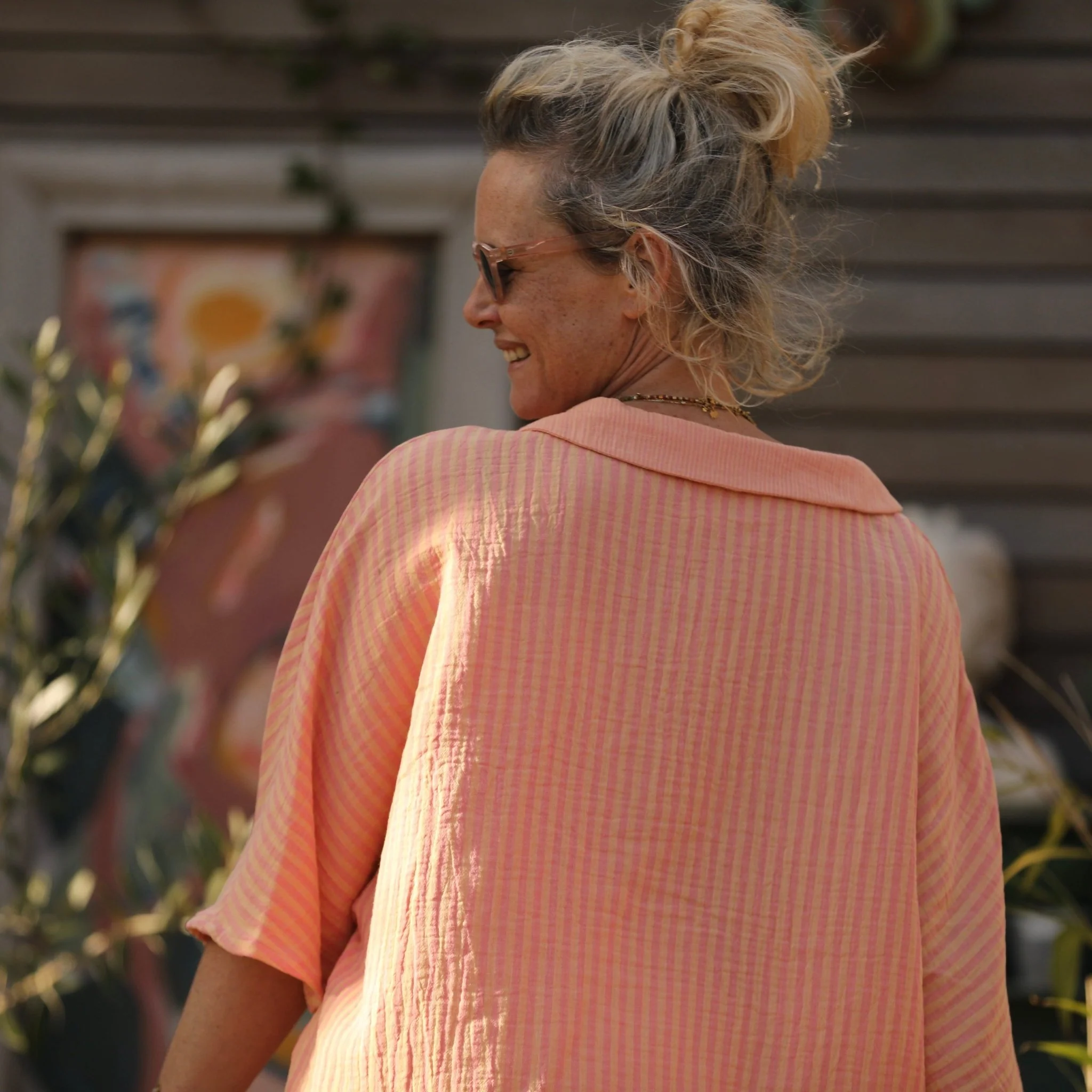 Blouse Myriem - double gaze de coton rayée rose/orange - Image 5