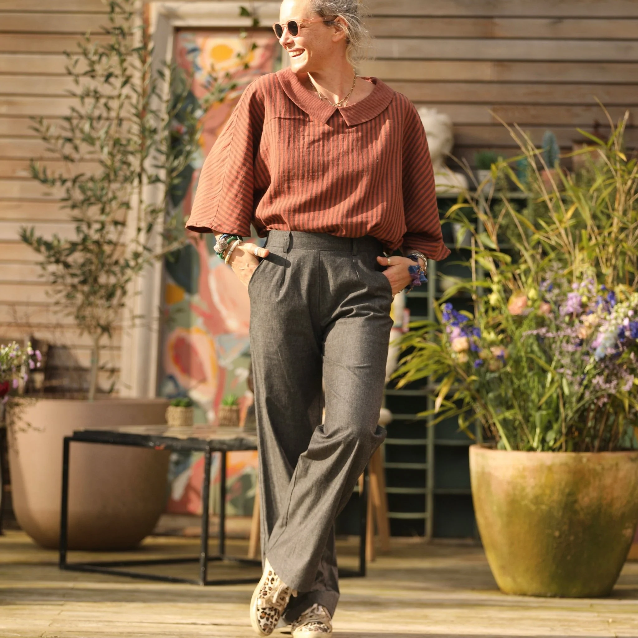 Blouse Myriem - double gaze de coton rayée terracotta/noire - Image 4