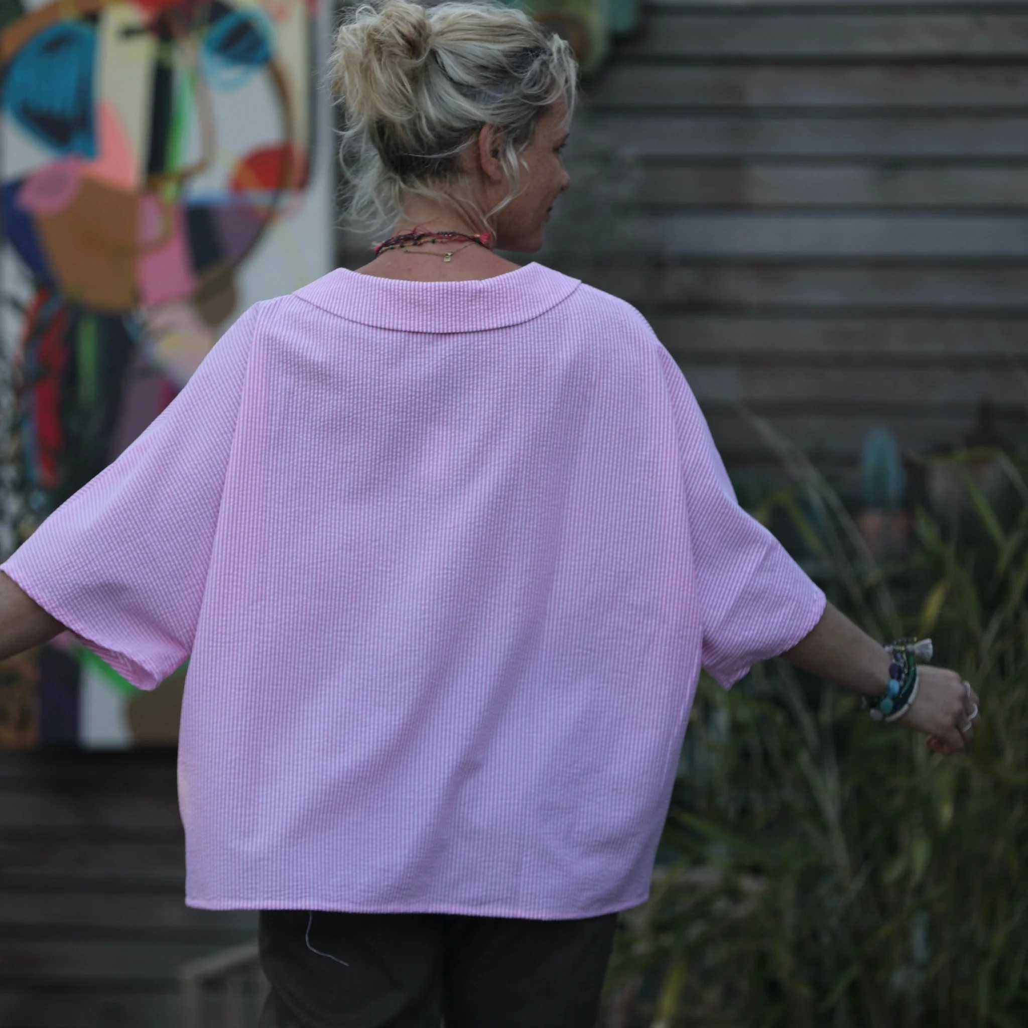 Blouse Myriem - seersucker rayé rose/blanc - Image 3