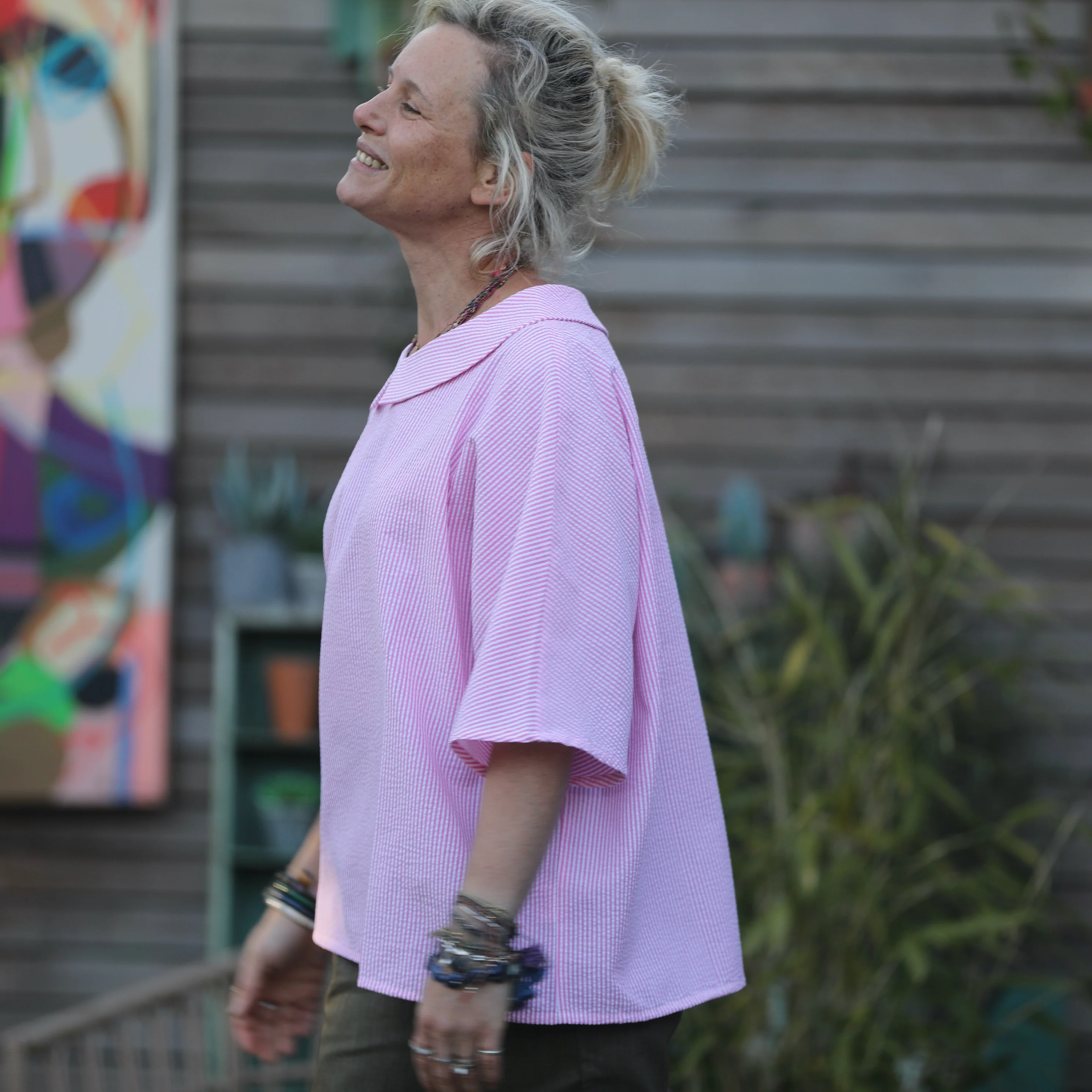 Blouse Myriem - seersucker rayé rose/blanc - Image 5
