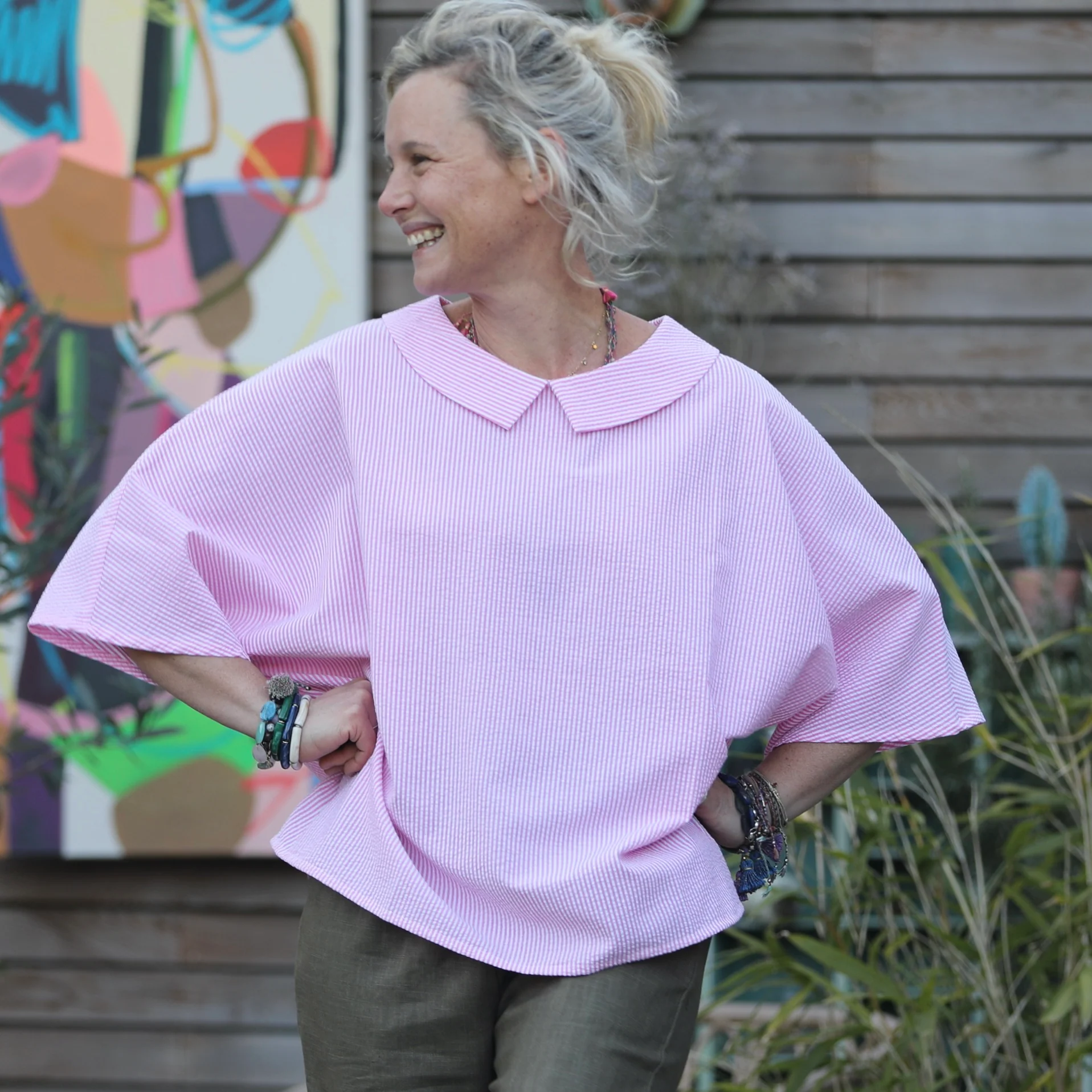 Blouse Myriem - seersucker rayé rose/blanc - Image 7