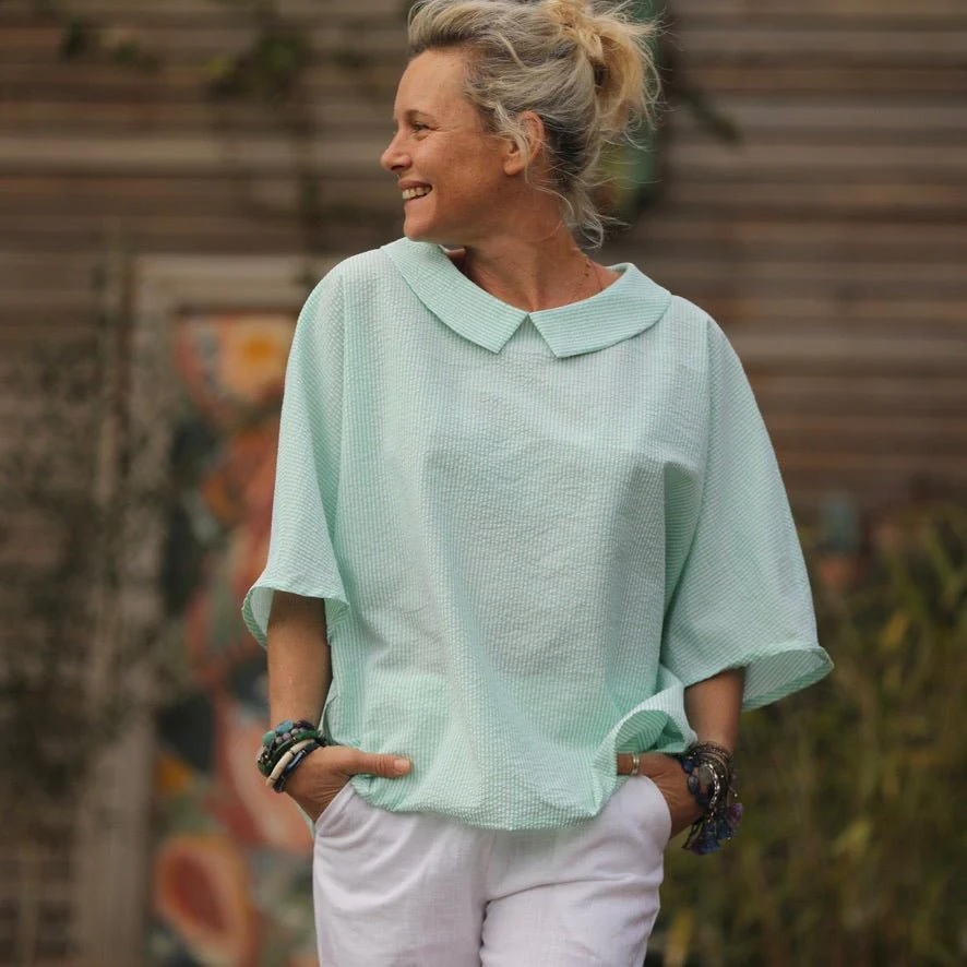Blouse Myriem - seersucker rayé vert/blanc
