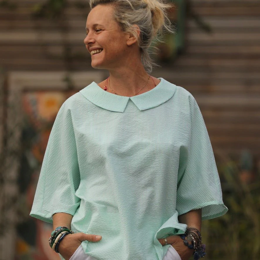 Blouse Myriem - seersucker rayé vert/blanc - Image 7