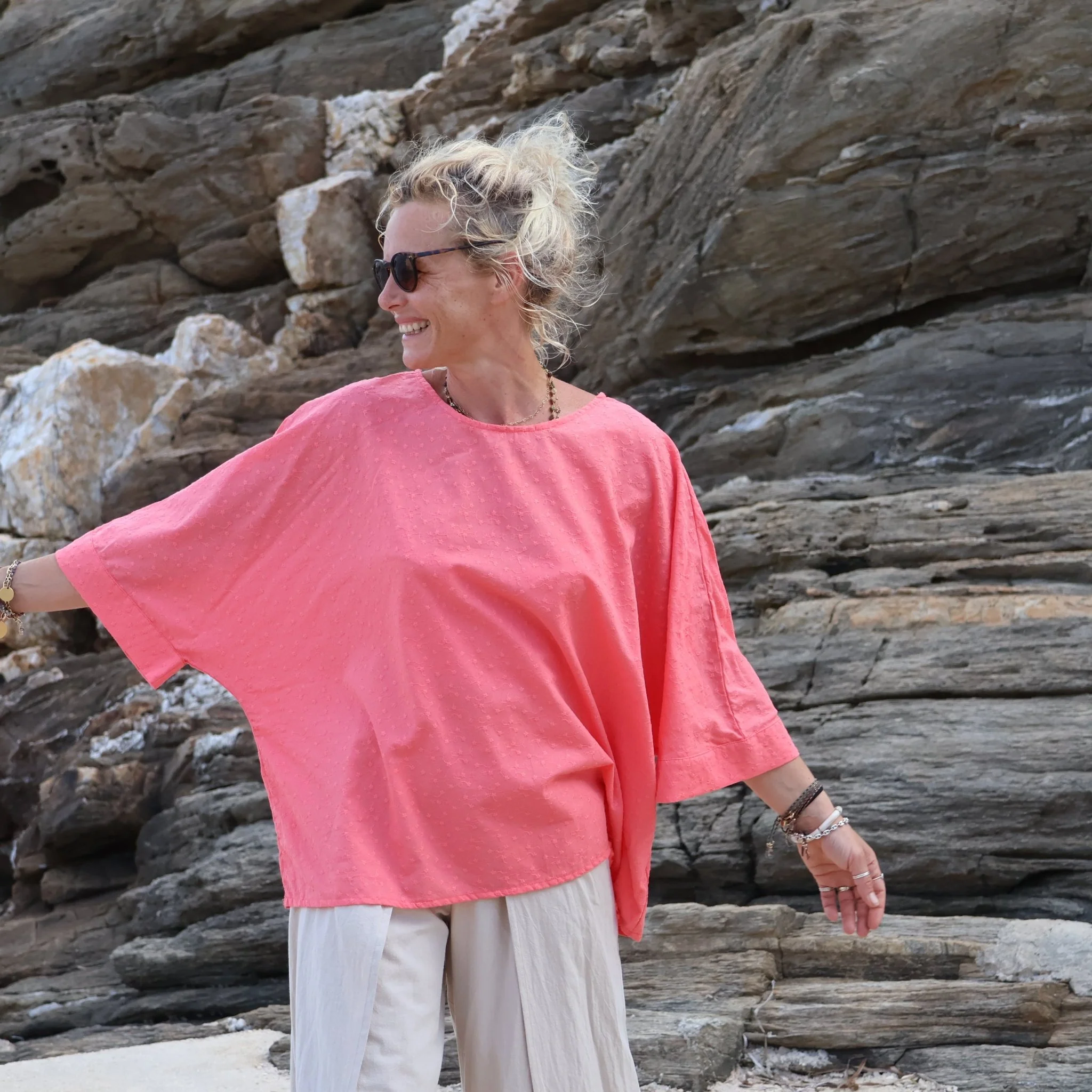 Blouse Nao - coton brodé rose gourmand