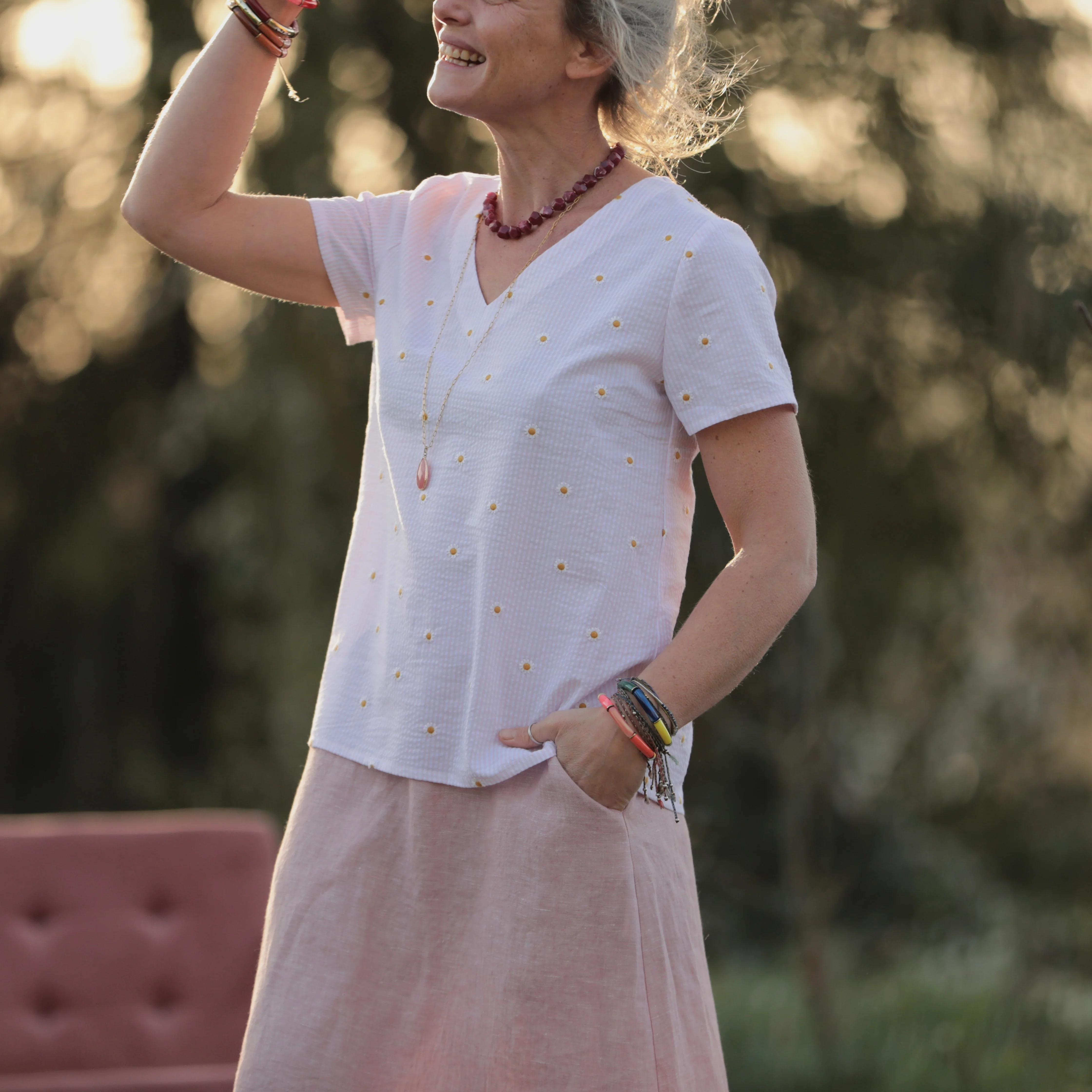 Blouse Nila - Seersucker rayé rose & pâquerettes - Image 6