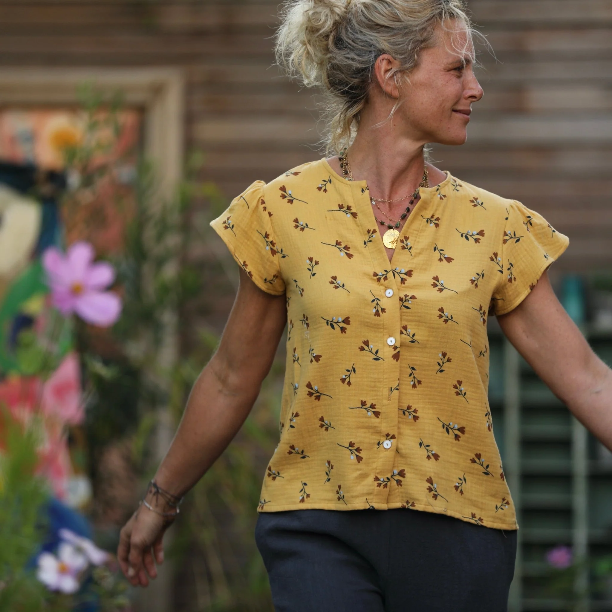 Blouse Sacha -double gaze de coton fleuri ocre
