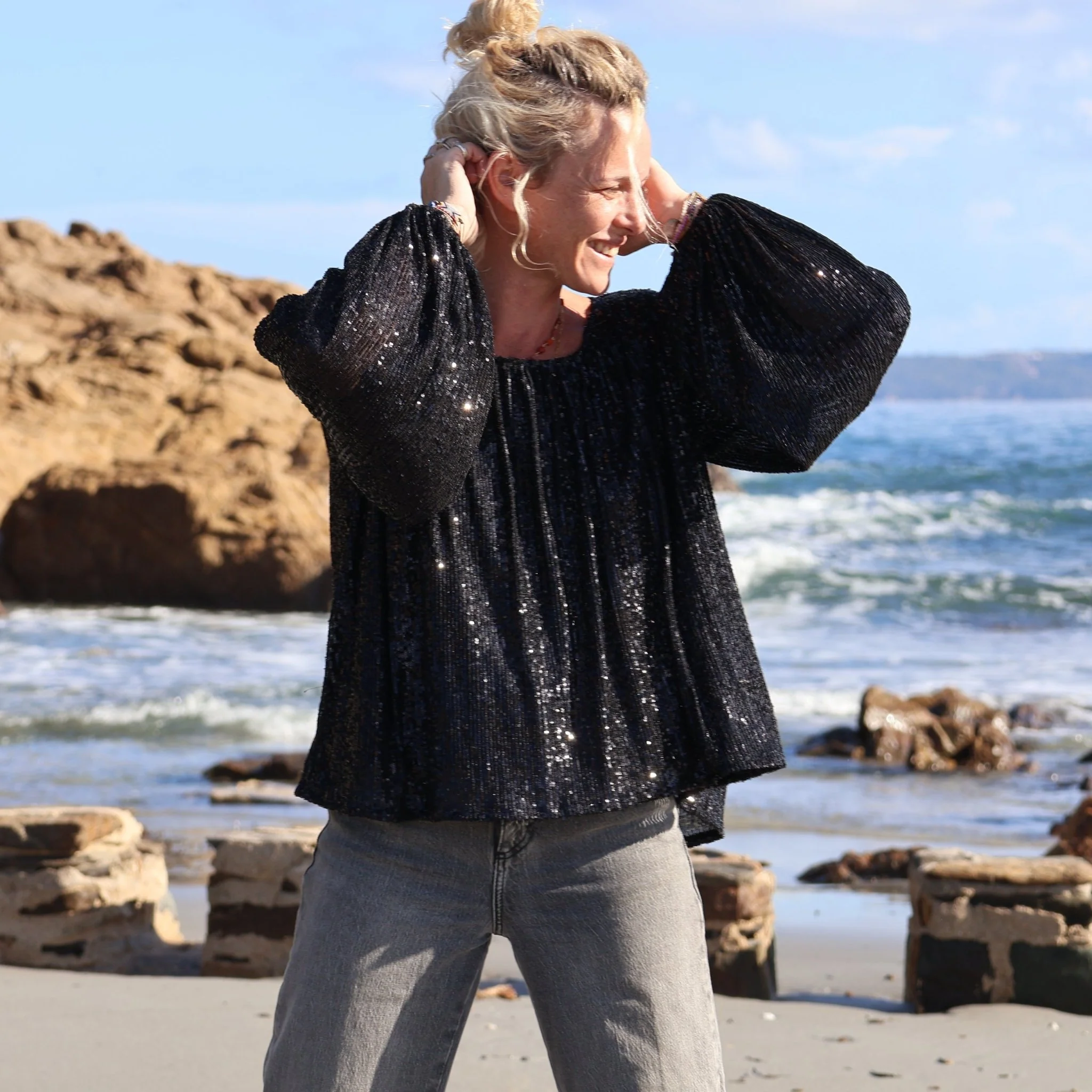 Blouse Séraphine - sequins noirs / doublure coton noir - Image 9
