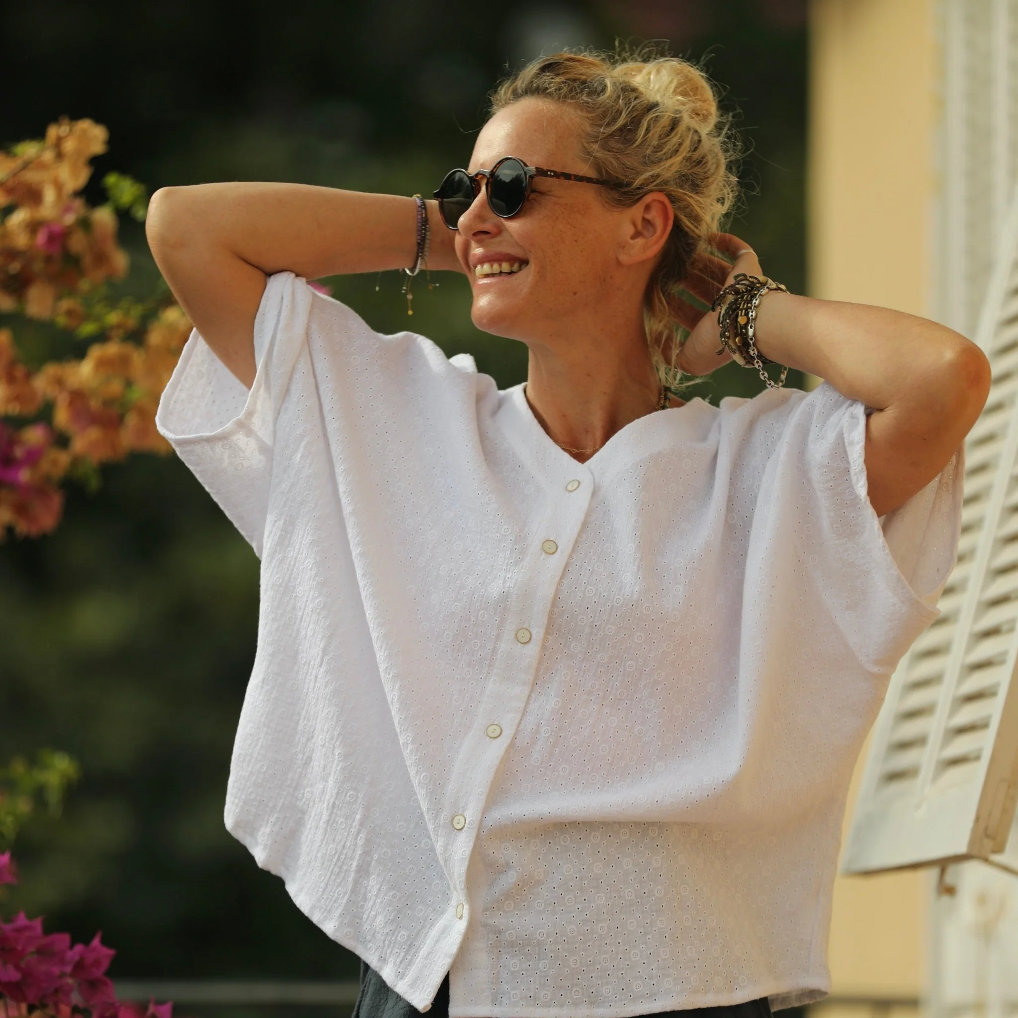 Blouse Yoko - double gaze de coton fleurie blanche