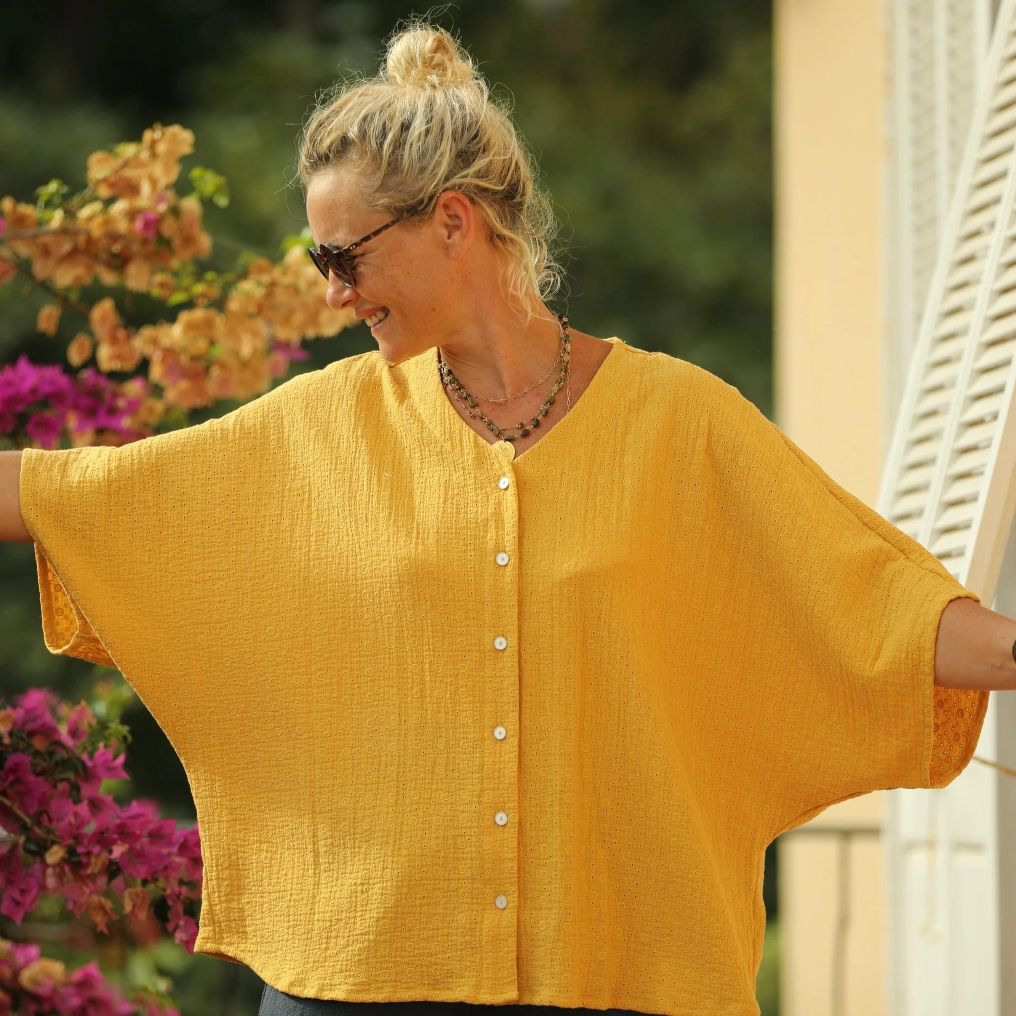 Blouse Yoko - double gaze de coton fleurie ocre - Image 2