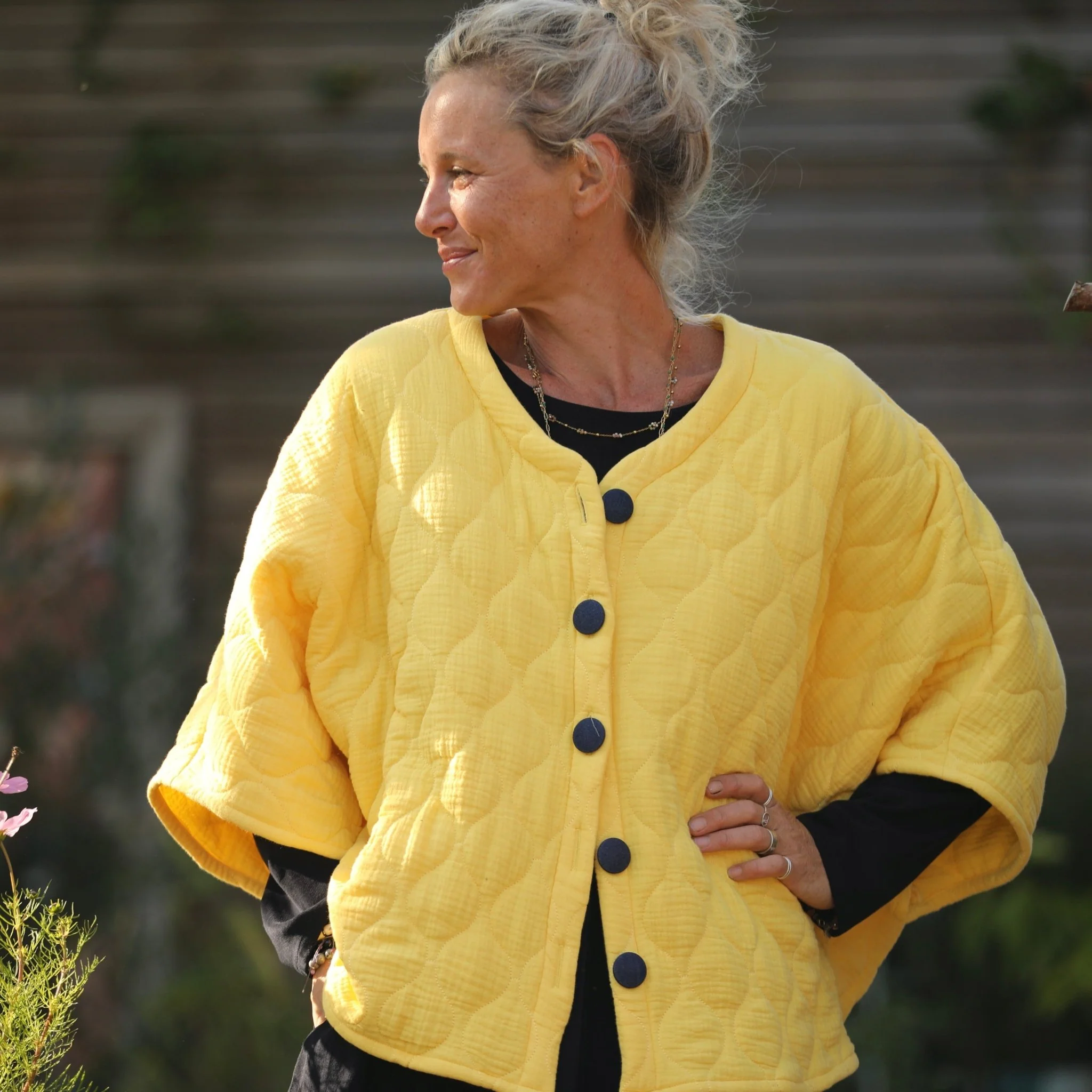 Veste kimono Yoko - double gaze de coton matelassé jaune mimosas - Image 5