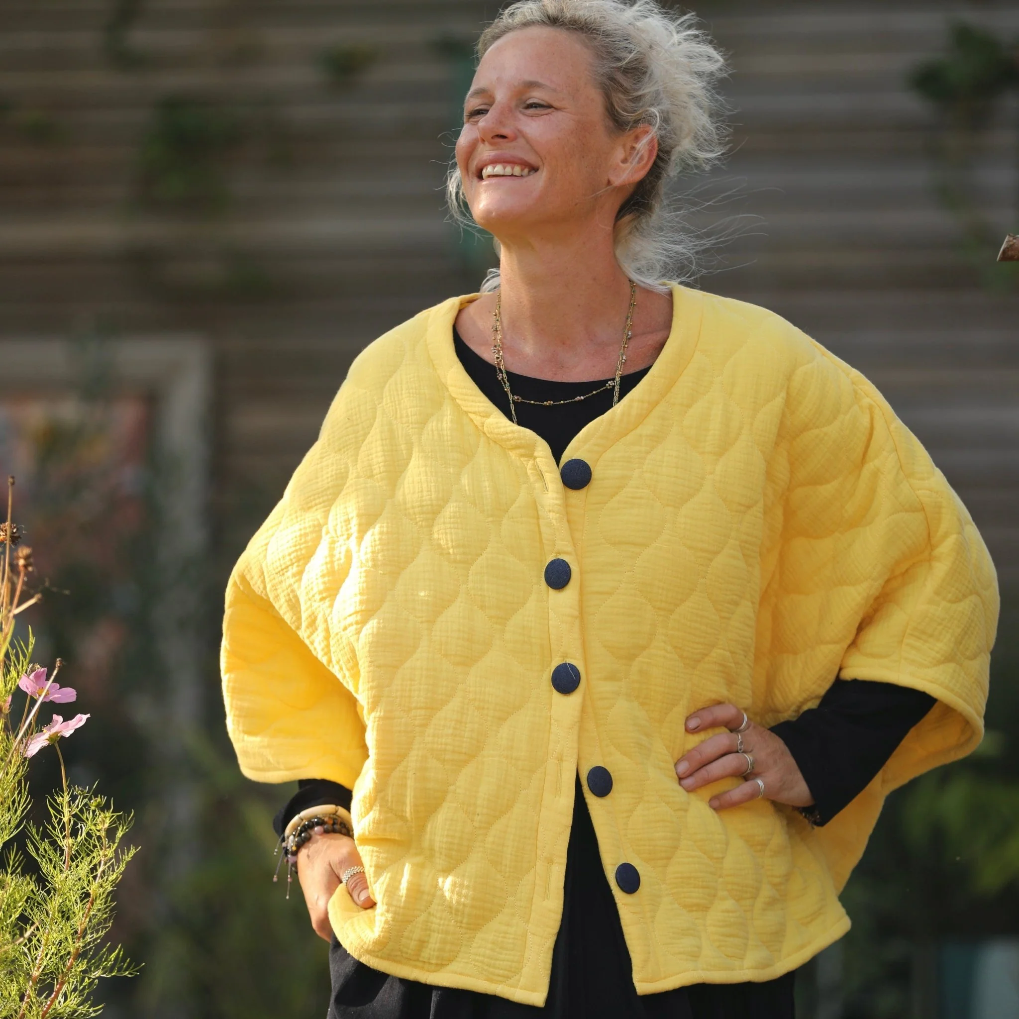 Veste kimono Yoko - double gaze de coton matelassé jaune mimosas - Image 6