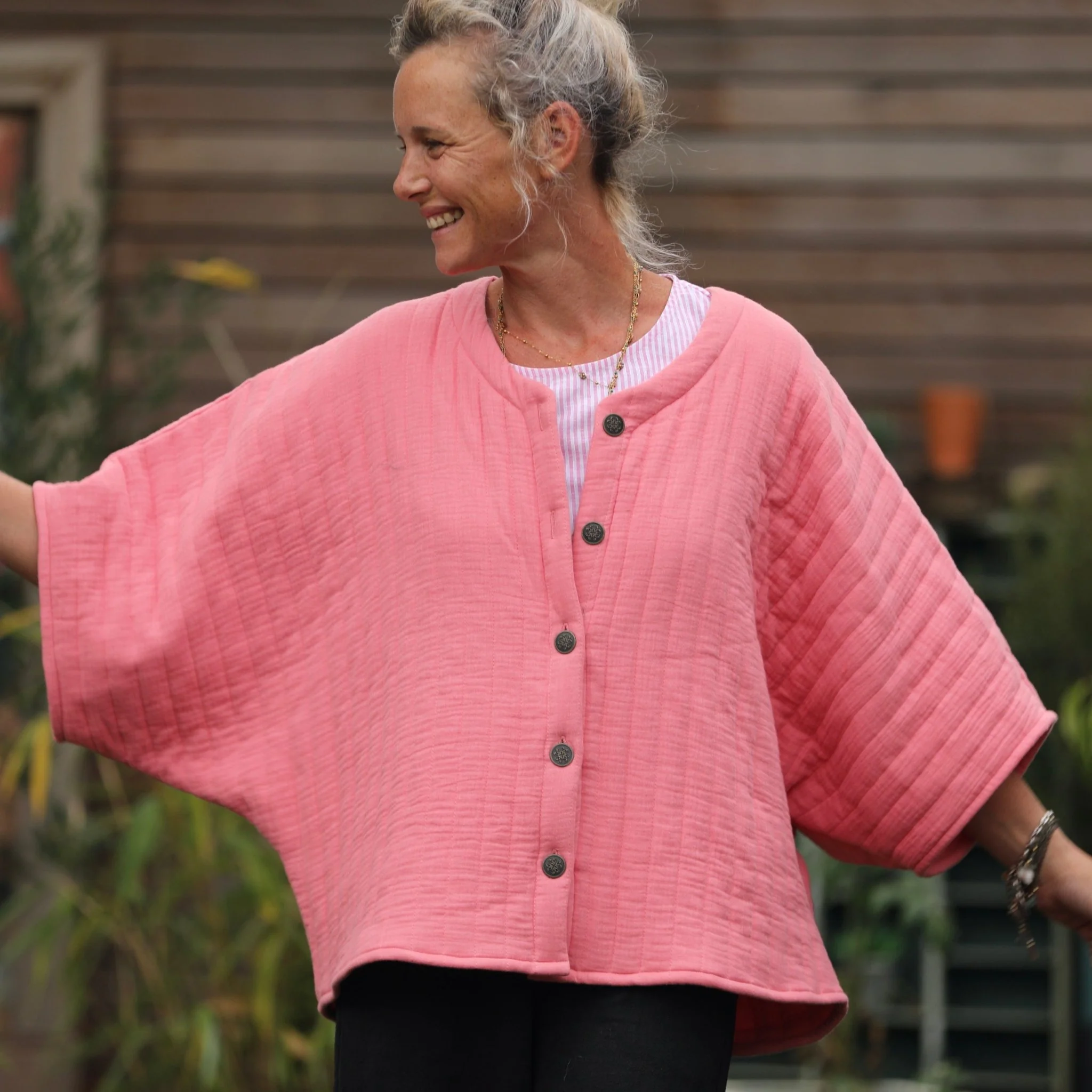 Veste kimono Yoko - double gaze de coton matelassé rose gourmand