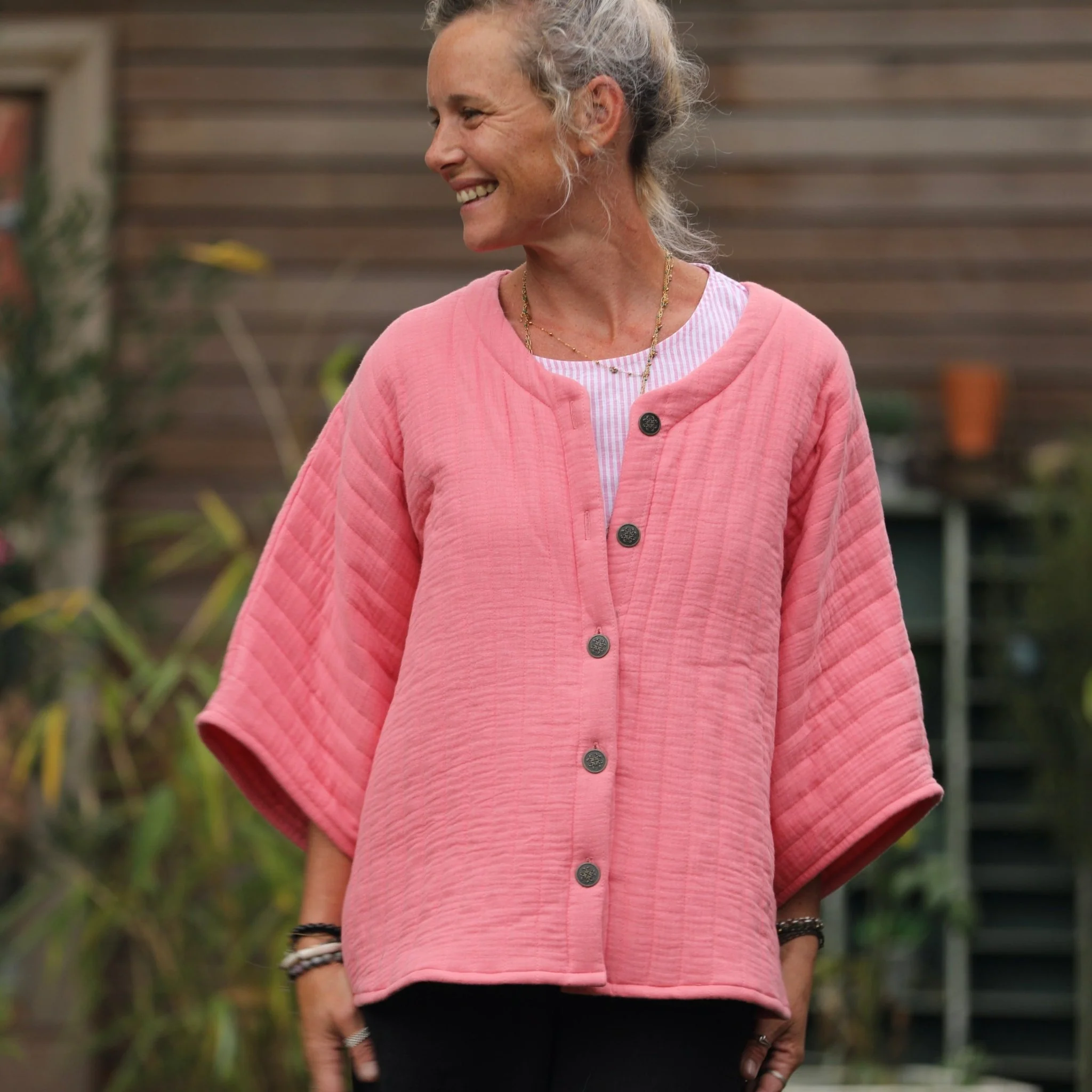 Veste kimono Yoko - double gaze de coton matelassé rose gourmand - Image 3
