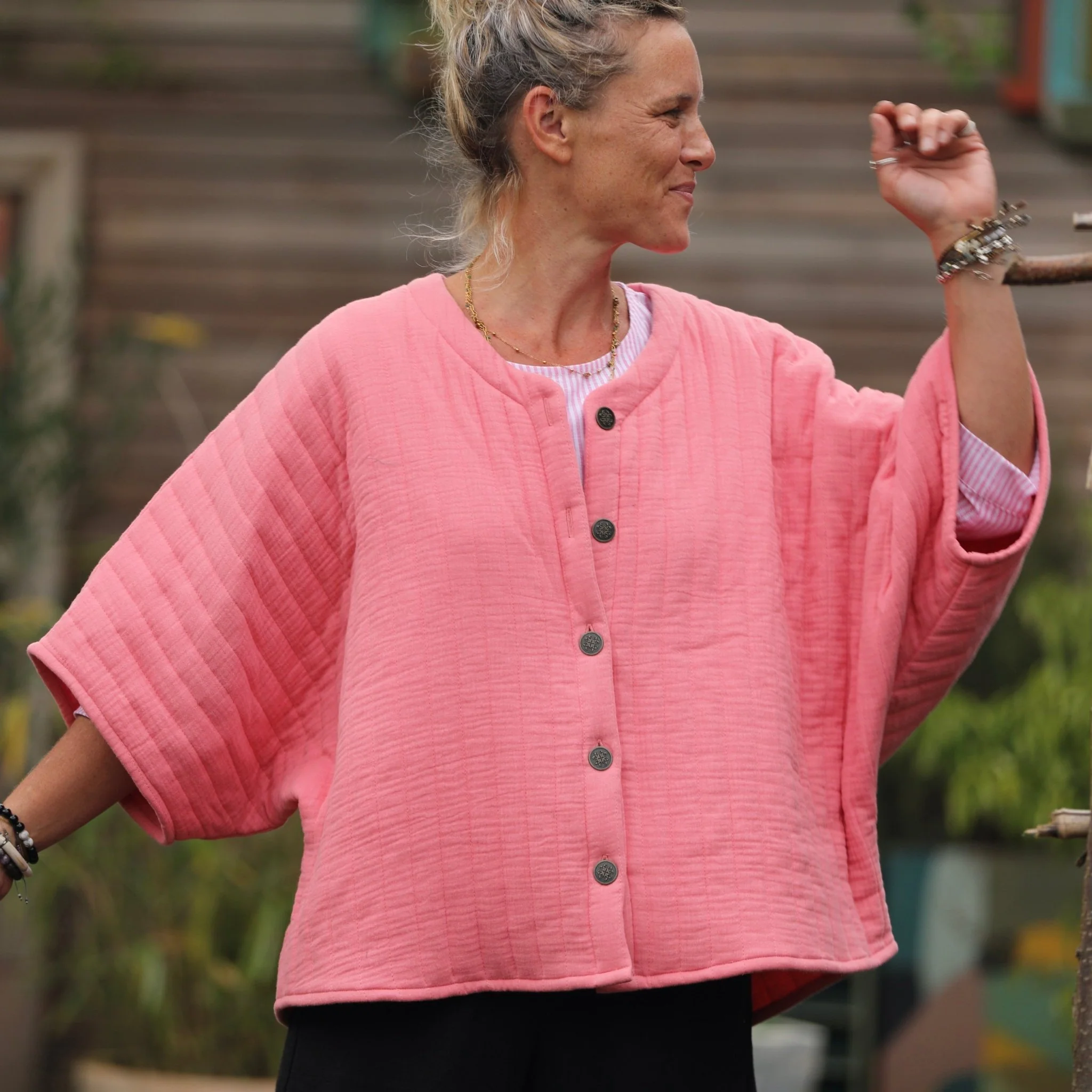 Veste kimono Yoko - double gaze de coton matelassé rose gourmand - Image 4