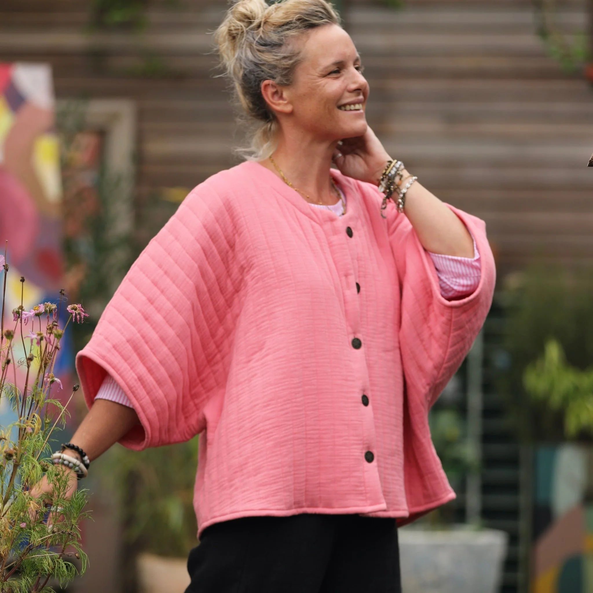 Veste kimono Yoko - double gaze de coton matelassé rose gourmand - Image 5
