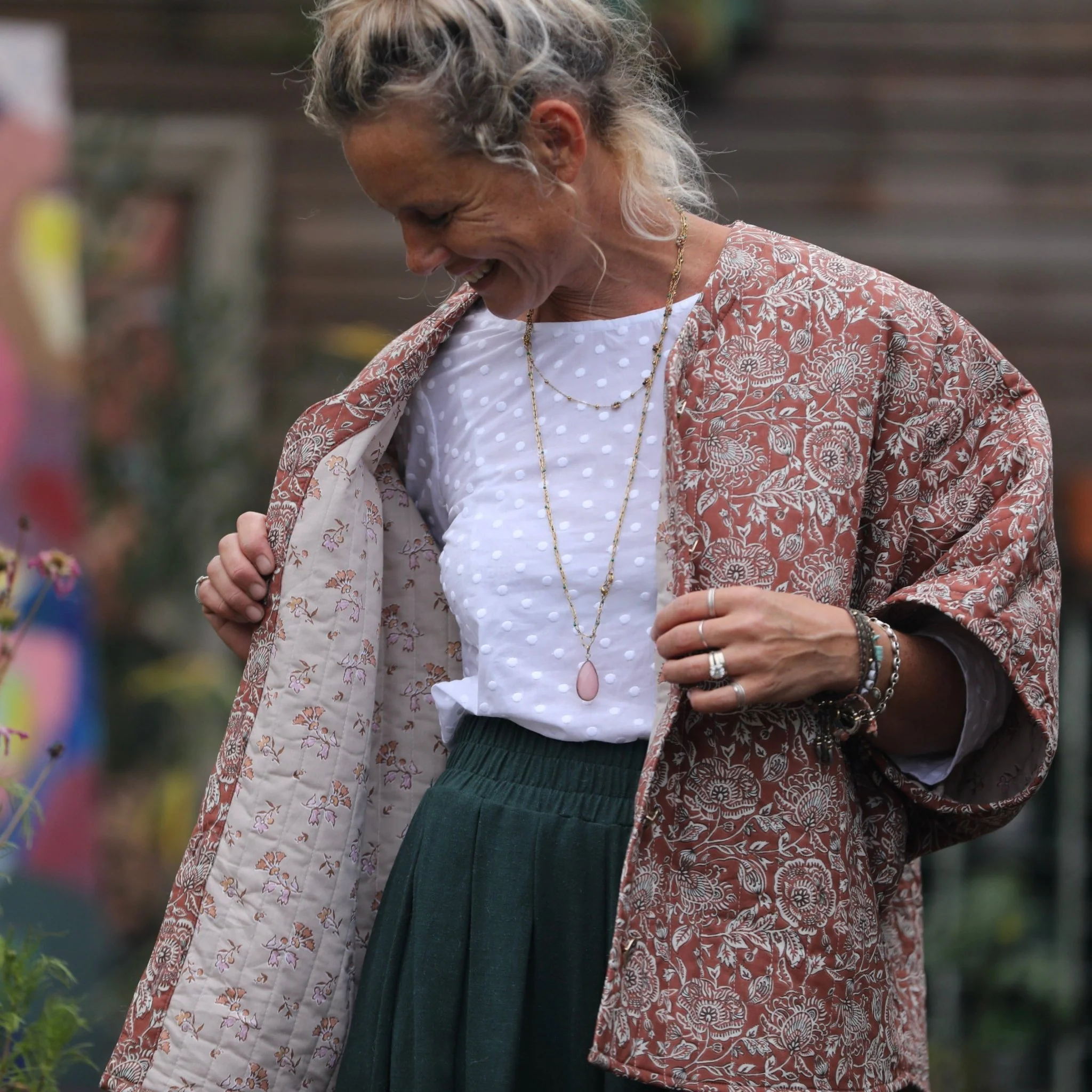 Veste kimono Yoko - coton matelassé imprimé châtaignier / envers fleuri rosé - Image 3