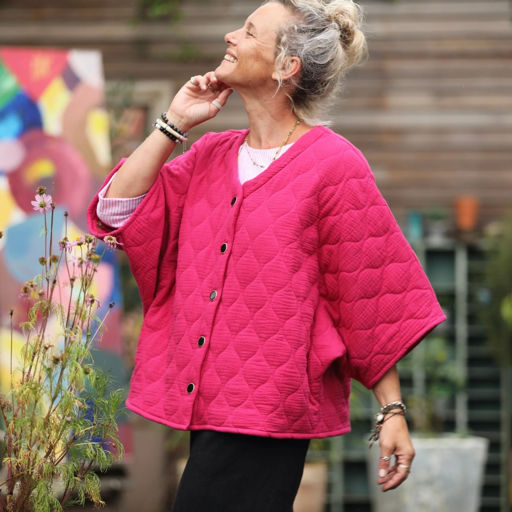 Veste kimono Yoko - double gaze de coton matelassé fushia
