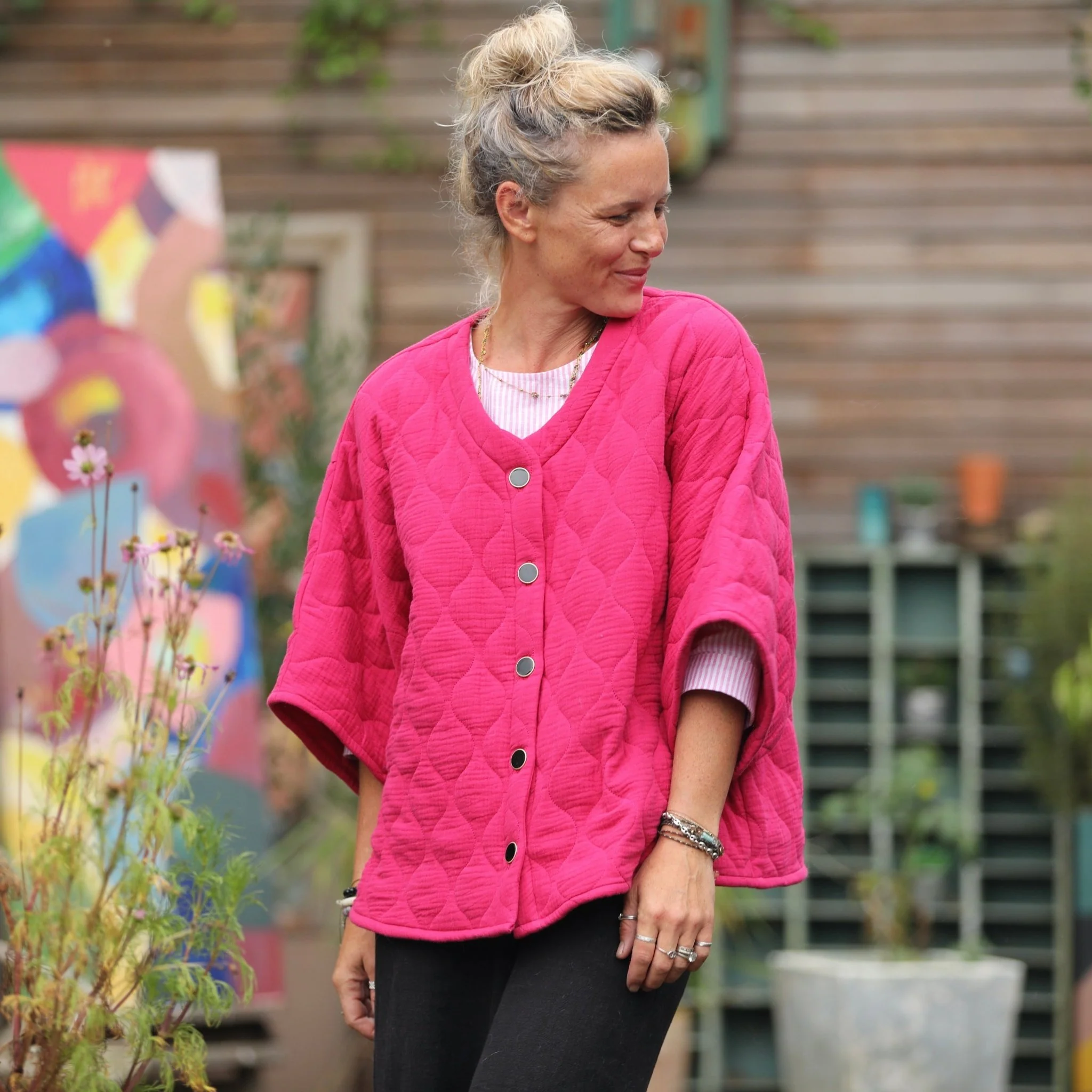 Veste kimono Yoko - double gaze de coton matelassé fushia - Image 6