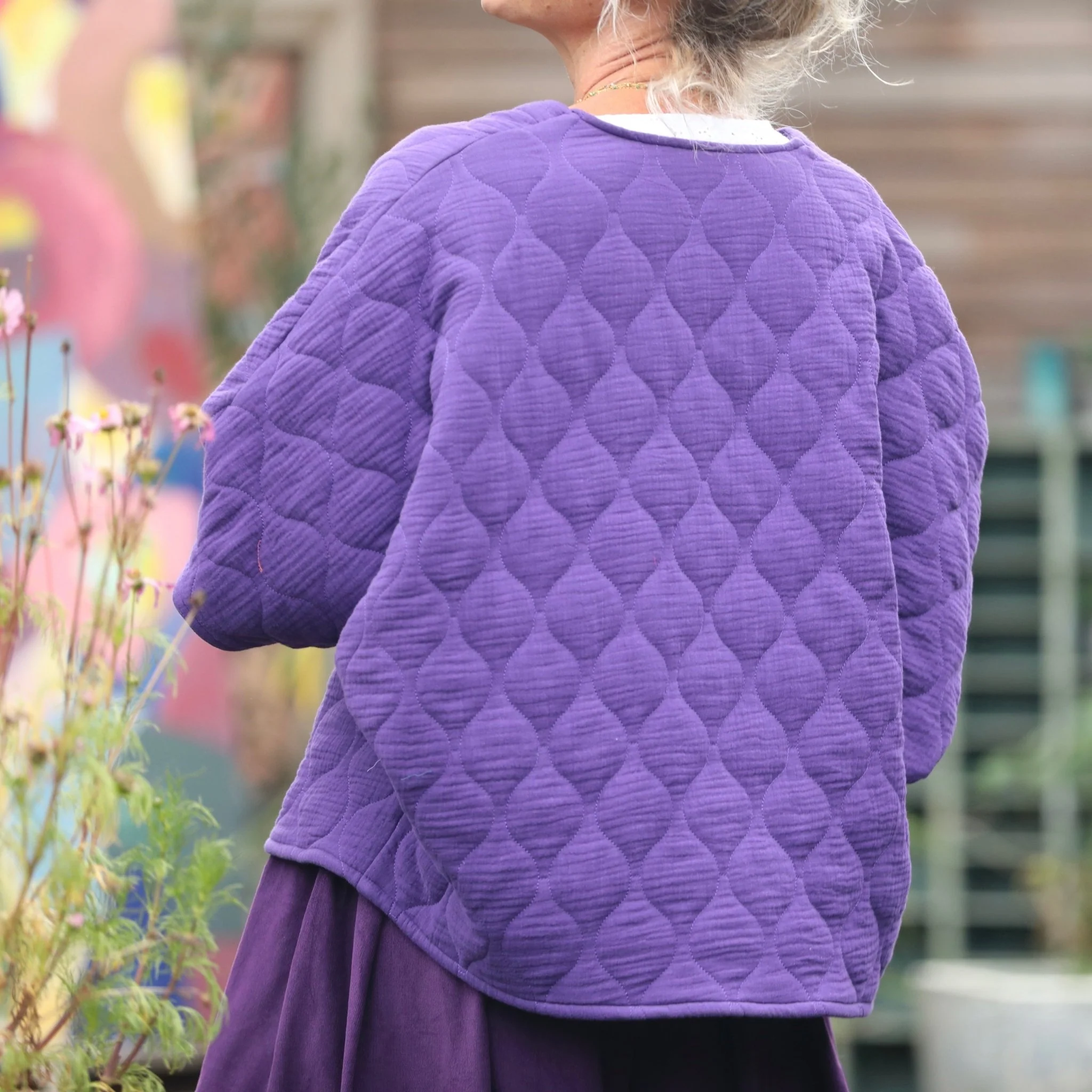 Veste kimono Yoko - double gaze de coton matelassé prune - Image 3