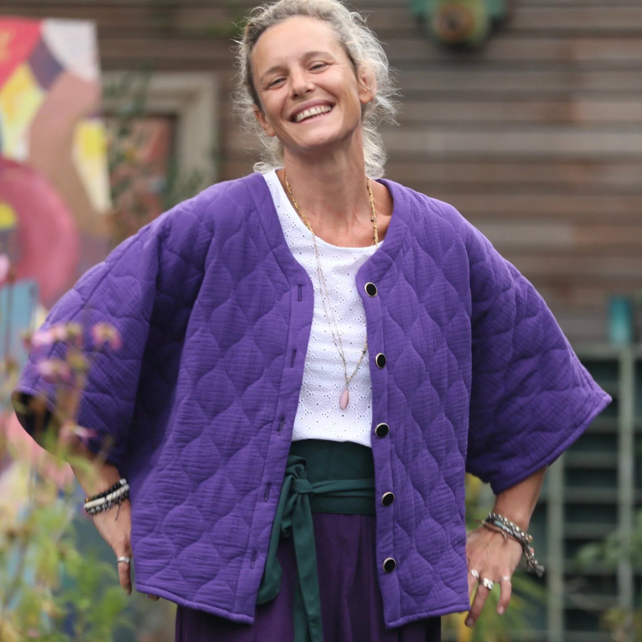 Veste kimono Yoko - double gaze de coton matelassé prune - Image 5