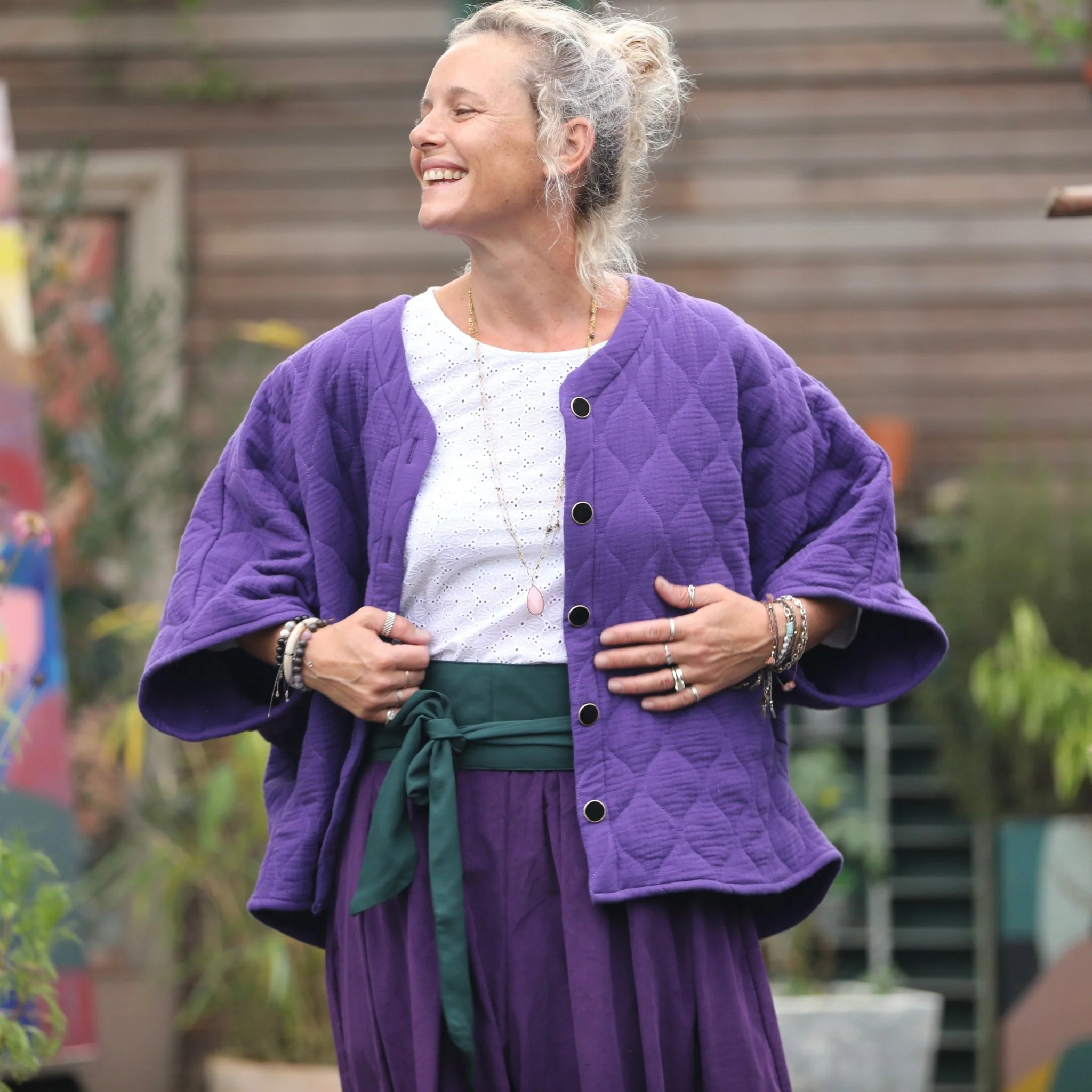 Veste kimono Yoko - double gaze de coton matelassé prune - Image 6