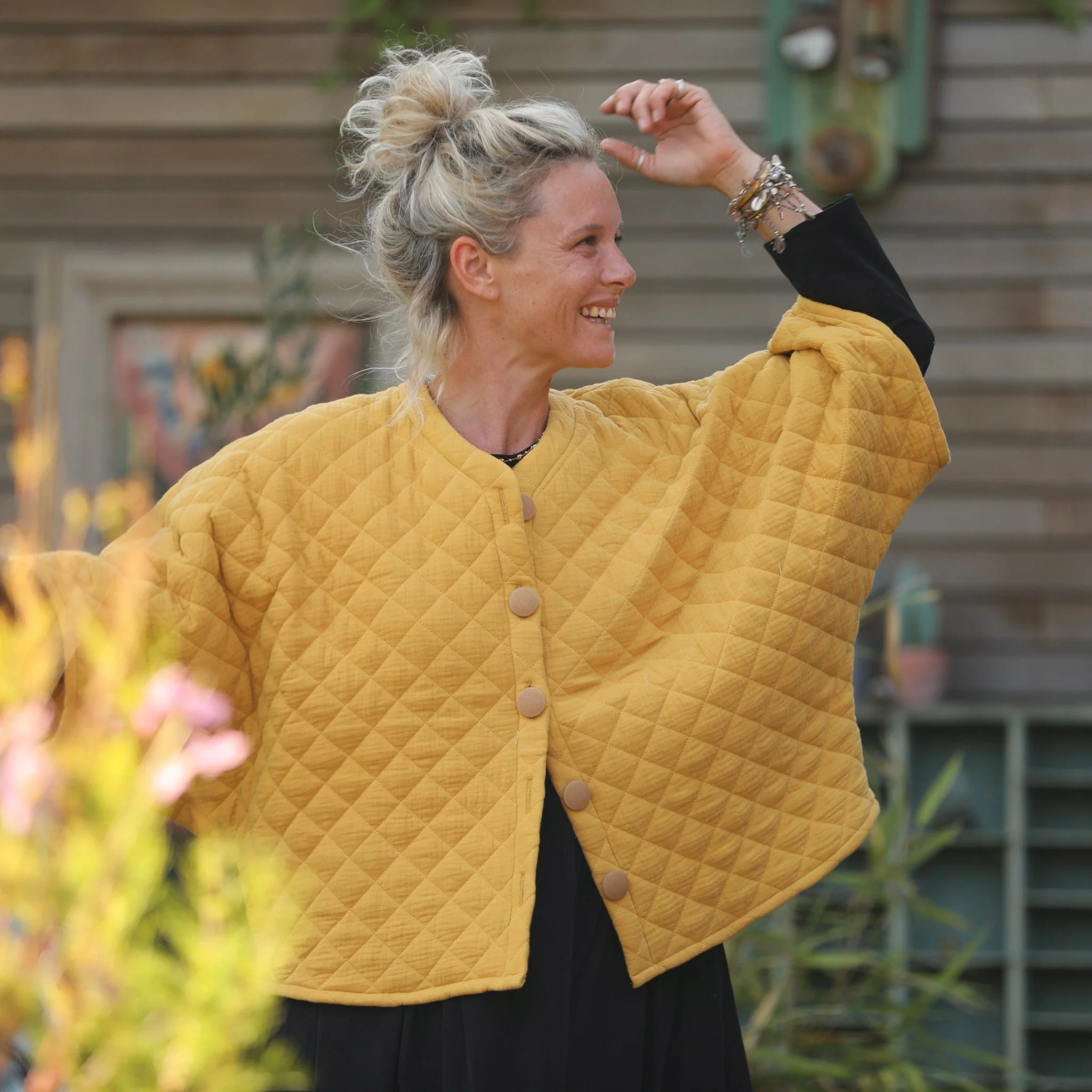 Veste kimono Yoko - double gaze de coton matelassé ocre