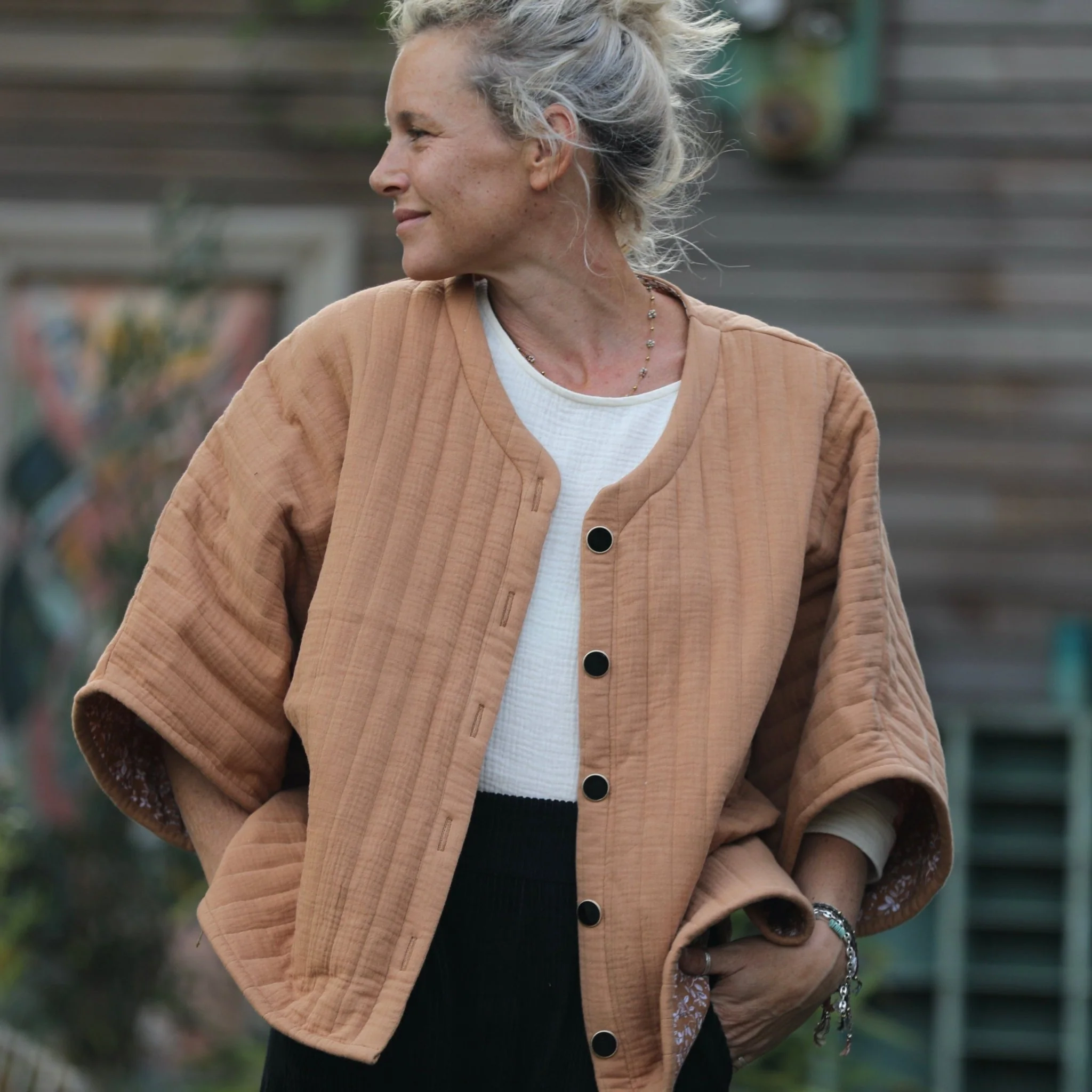 Veste kimono Yoko - double gaze de coton matelassé cassonnade/envers fleuri - Image 6