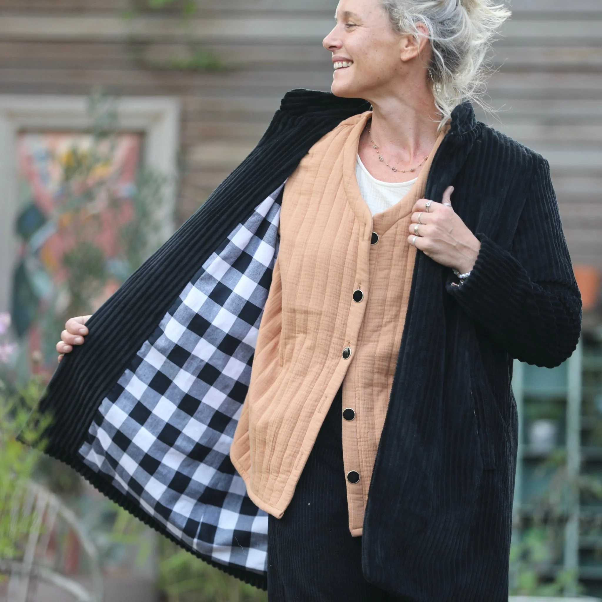 Veste kimono Yoko - double gaze de coton matelassé cassonnade/envers fleuri - Image 8
