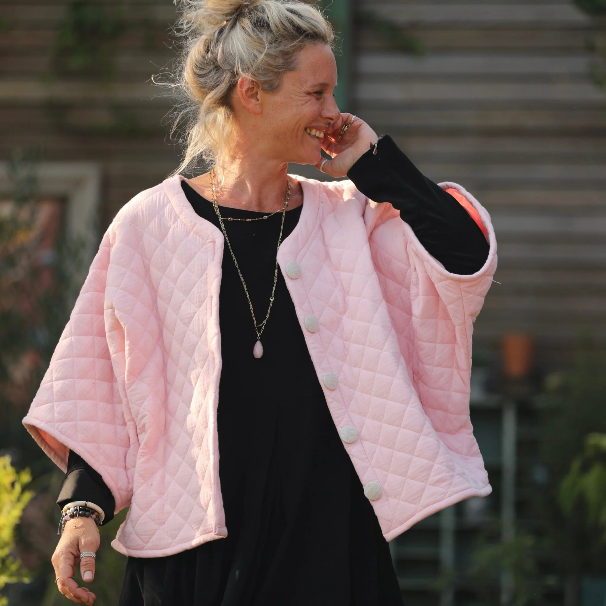 Veste kimono Yoko - double gaze de coton matelassé rose pale
