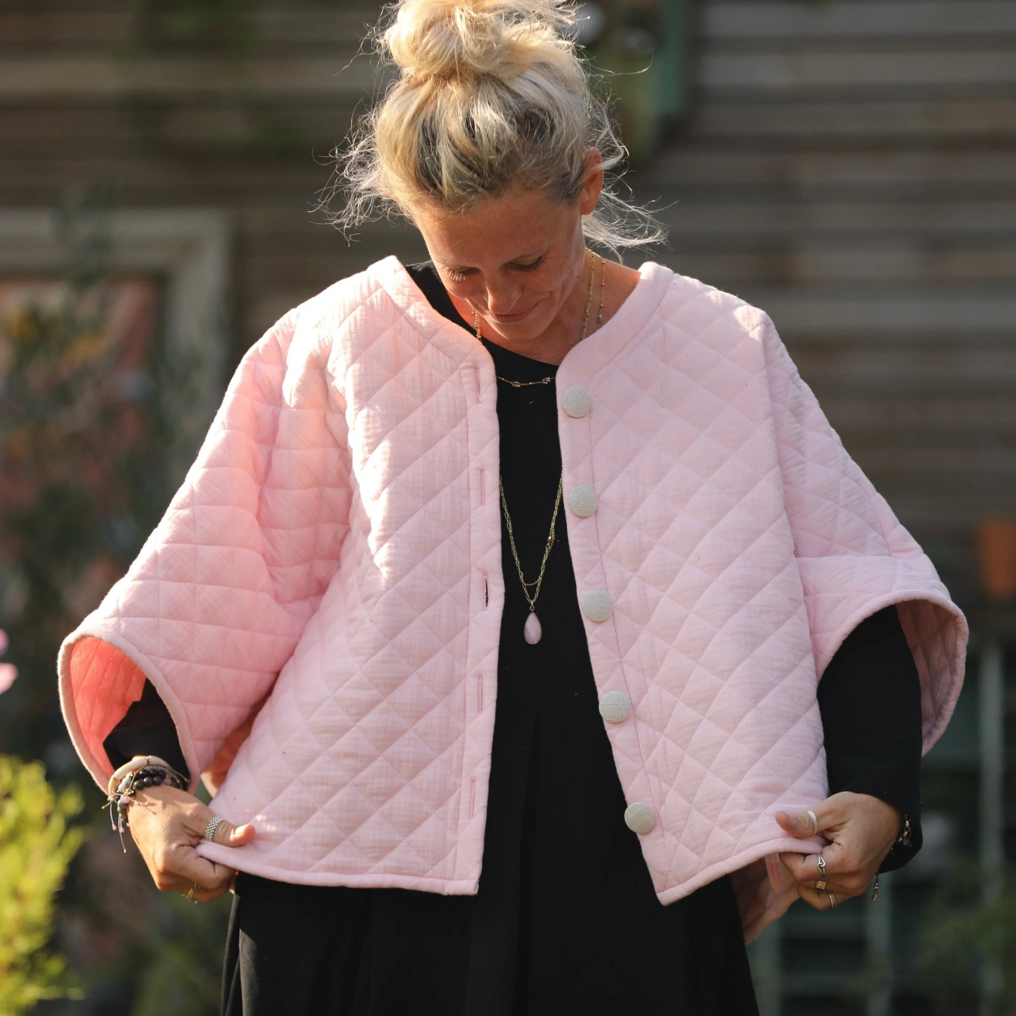 Veste kimono Yoko - double gaze de coton matelassé rose pale - Image 5