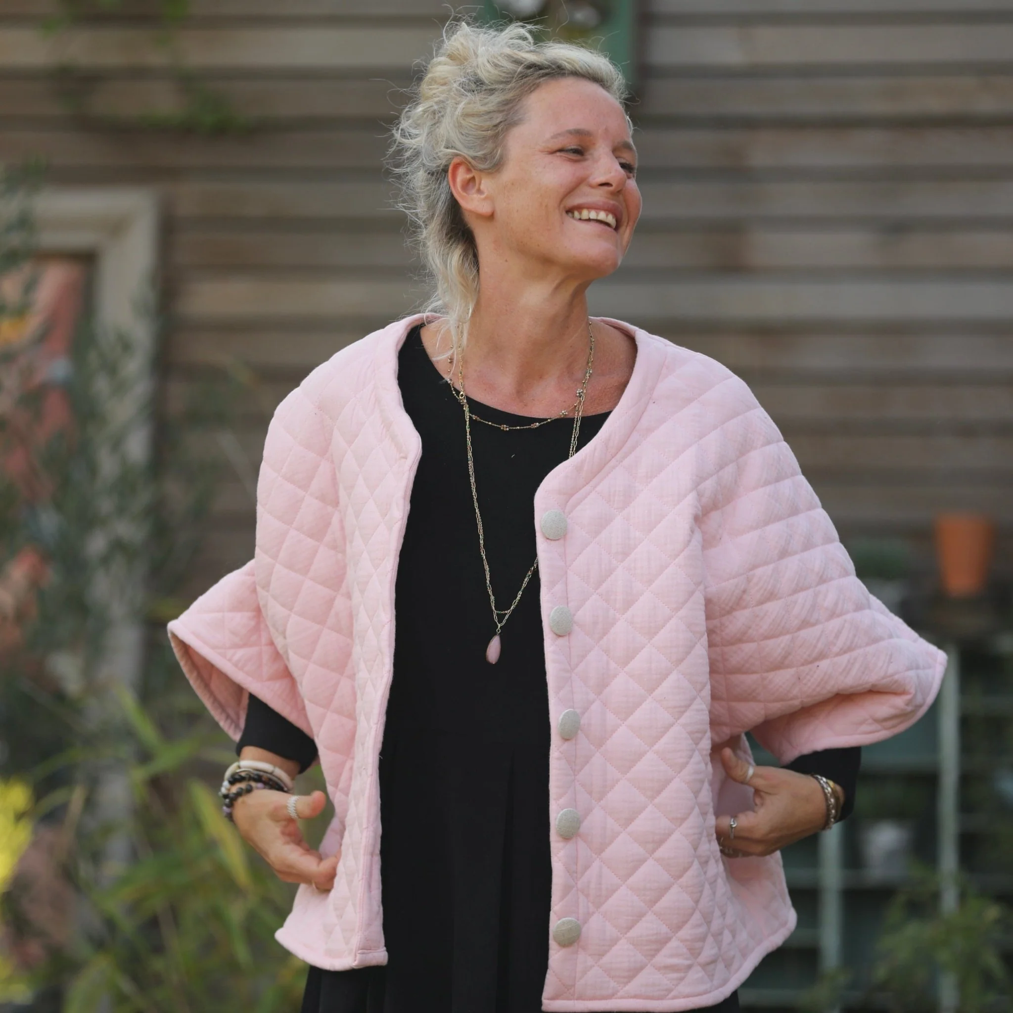 Veste kimono Yoko - double gaze de coton matelassé rose pale - Image 6