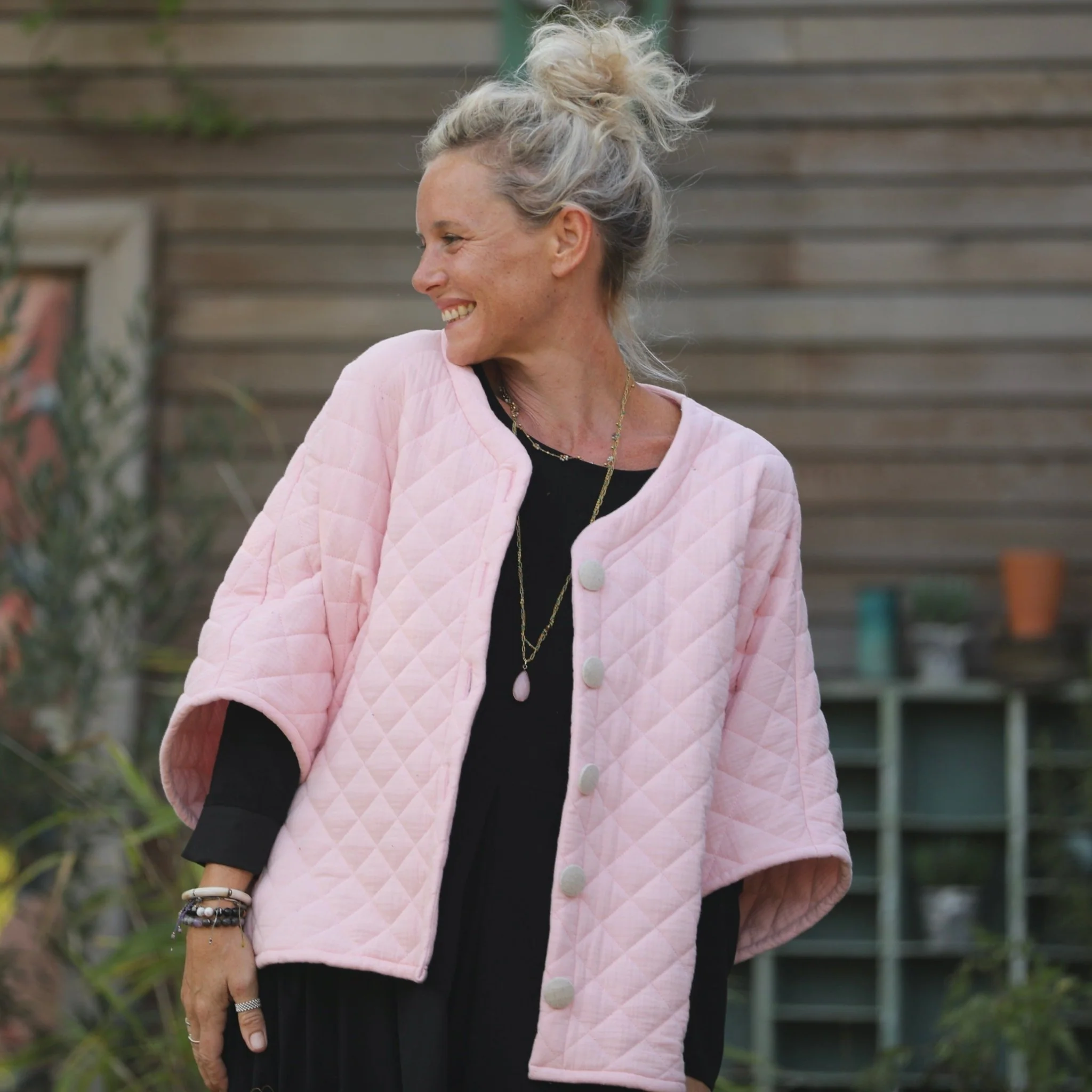 Veste kimono Yoko - double gaze de coton matelassé rose pale - Image 7