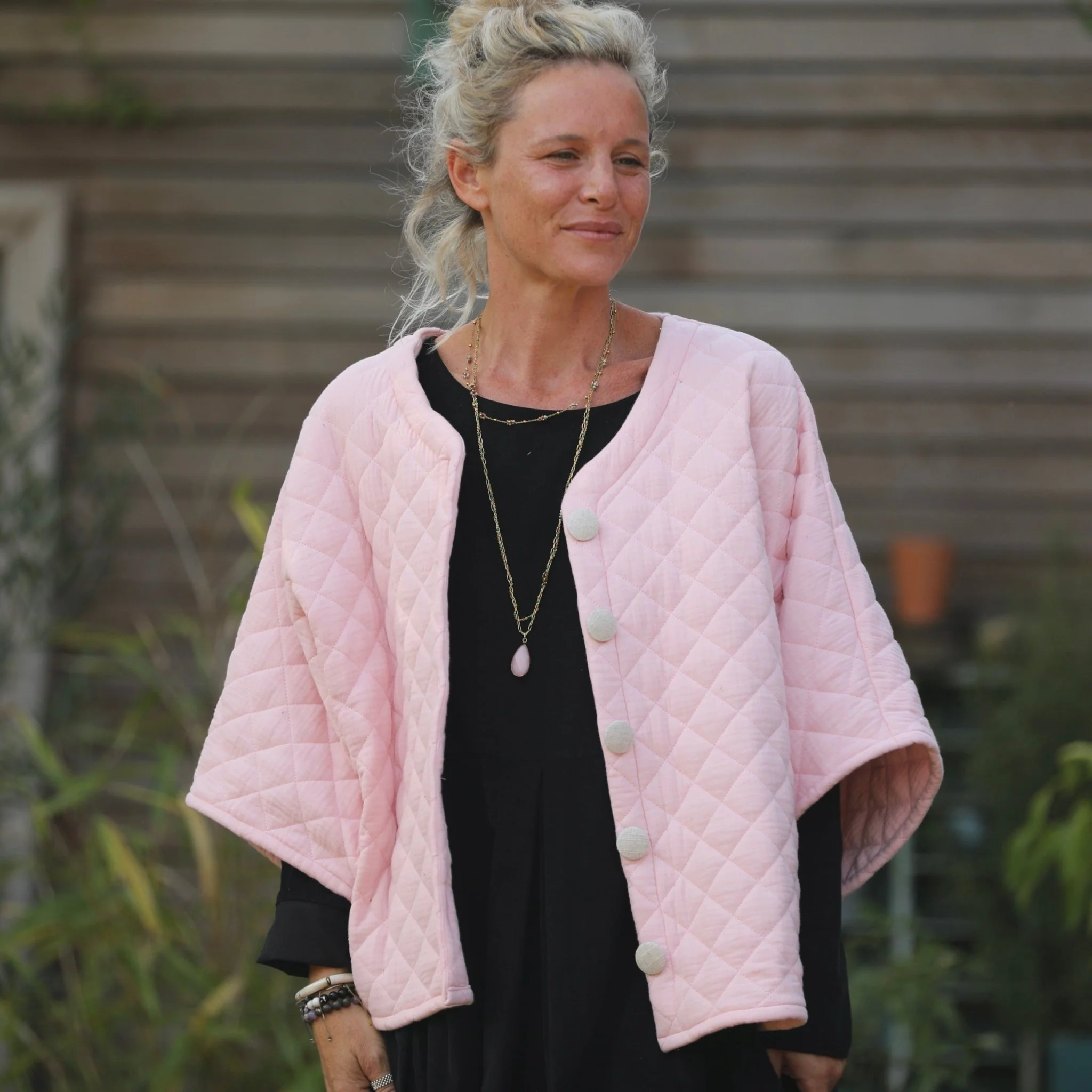 Veste kimono Yoko - double gaze de coton matelassé rose pale - Image 8