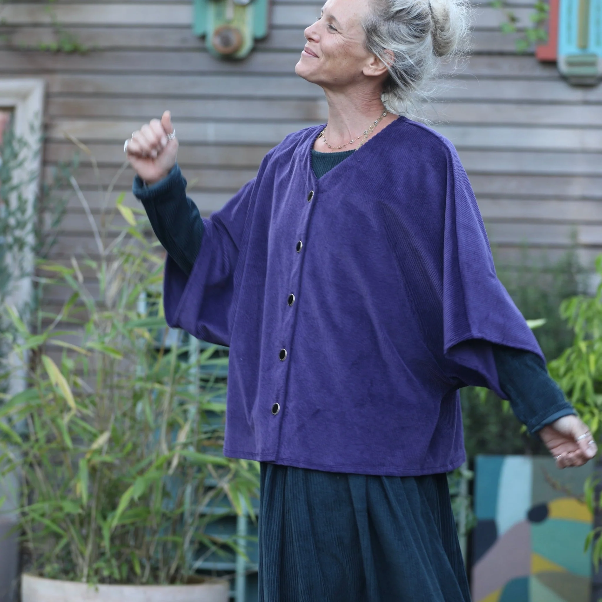 Veste kimono Yoko - velours côtelé prune - boutons émaillés noirs - Image 4
