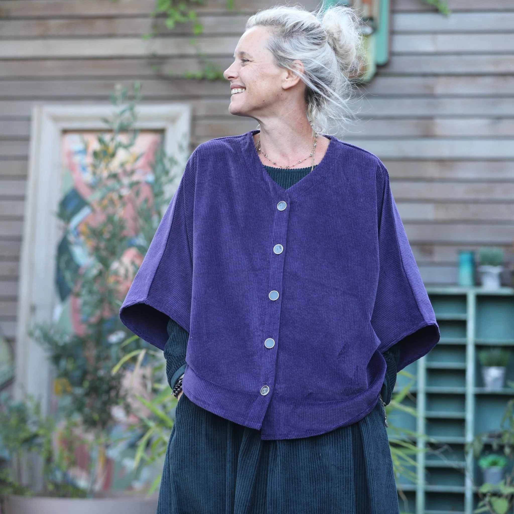 Veste kimono Yoko - velours côtelé prune - boutons émaillés noirs - Image 6