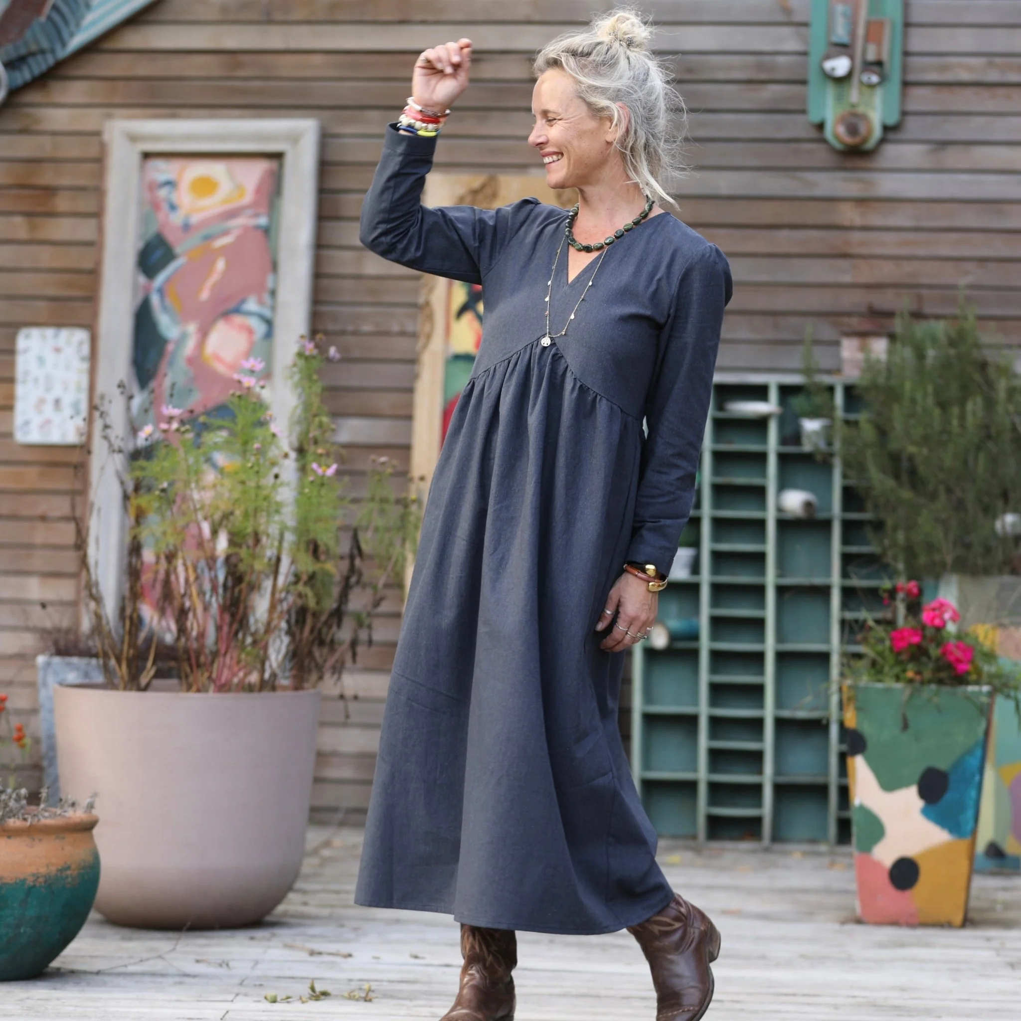 Robe Edonie manches longues - Flanelle de coton ardoise chiné