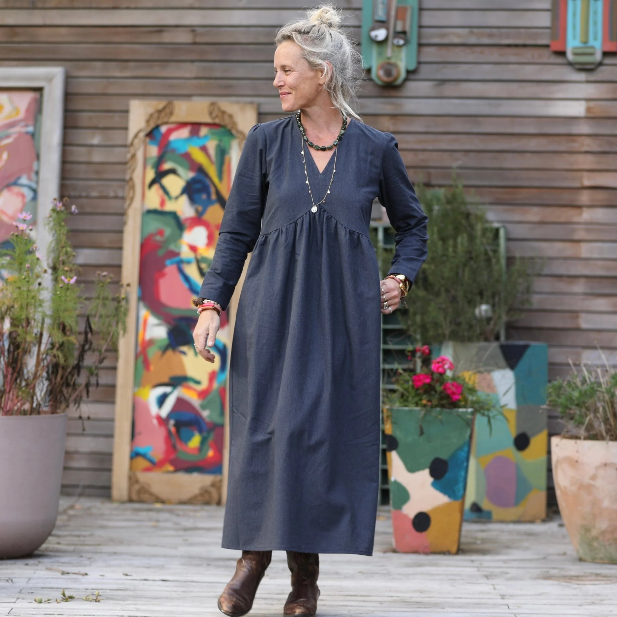 Robe Edonie manches longues - Flanelle de coton ardoise chiné - Image 3