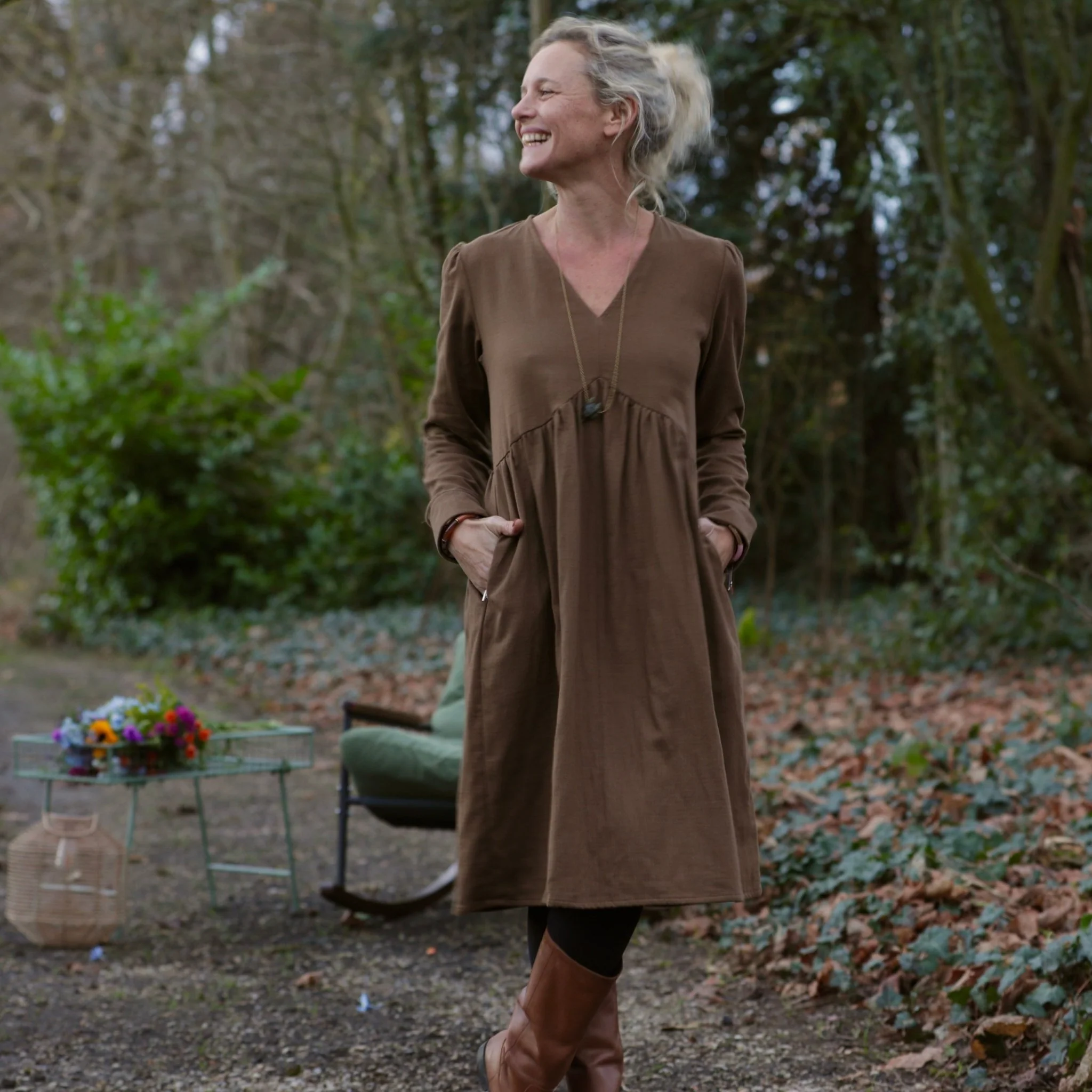 Robe Edonie coupe midi - Sergé de coton moka