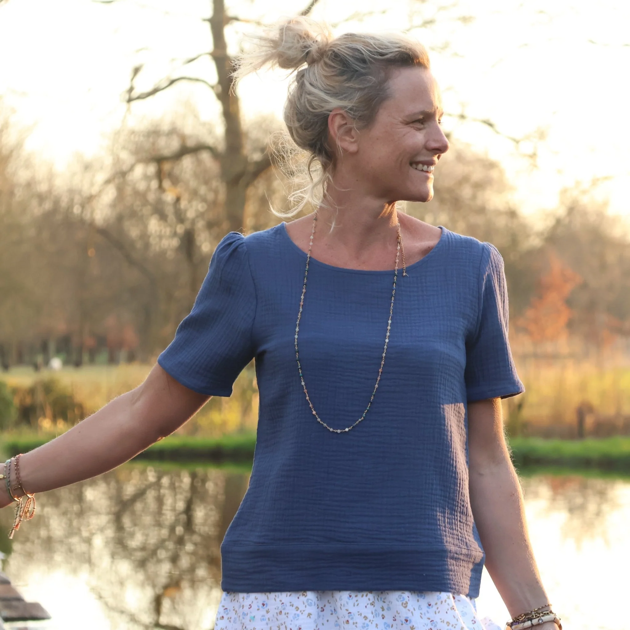 Blouse Eulalie col rond - manches courtes- double gaze de coton indigo